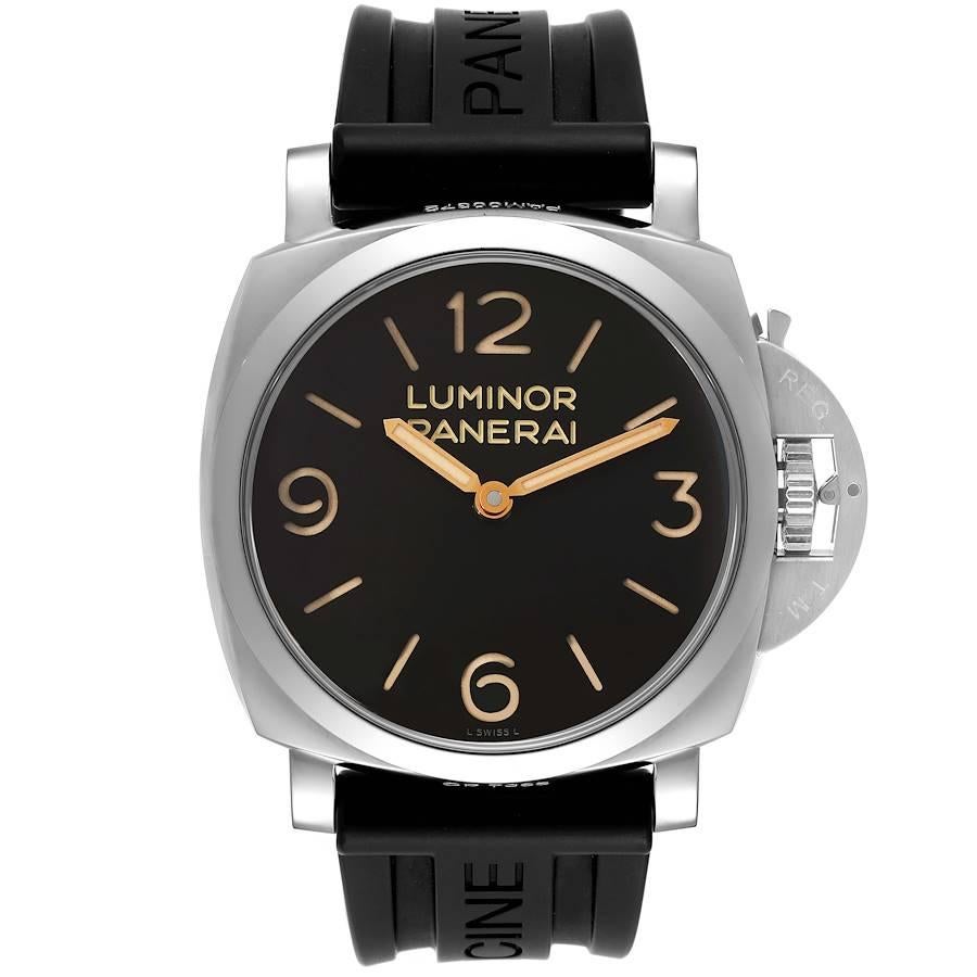 Panerai Luminor Marina 1950 47mm Steel Mens Watch PAM00372 Box Papers. Manual-winding movement. Two part cushion shaped stainless steel case 47 mm in diameter. Exhibition transparent case back. Brushed Panerai patented crown protector. Polished