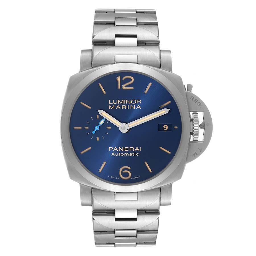 Panerai Luminor Marina 1950 Blue Dial Steel Watch PAM01028 Box Card. Automatic self-winding movement. Two part cushion shaped steel case 42.0 mm in diameter. Exhibition case back. Panerai patented crown protector. Stainless steel sloped bezel.