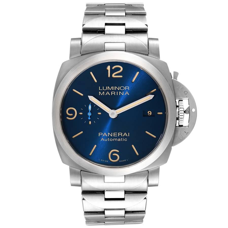 Panerai Luminor Marina 1950 Blue Dial Steel Watch PAM01058 Unworn. Automatic self-winding movement. Two part cushion shaped steel case 44.0 mm in diameter. Exhibition case back. Panerai patented crown protector. Stainless steel sloped bezel. Scratch