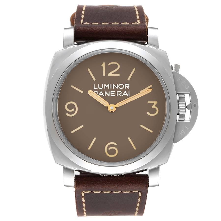 Panerai Luminor Marina 1950 Brown Dial Steel Mens Watch PAM00663 Box Papers. Manual winding movement. Two part cushion shaped stainless steel case 47.0 mm in diameter. Panerai patented crown protector. Transparrent case back. Polished stainless
