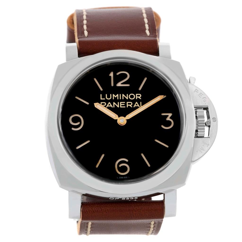 Panerai Luminor Marina 1950 Mens 47mm Watch PAM00372 PAM372 Unworn. Manual winding movement. Two part cushion shaped stainless steel case 47.0 mm in diameter. Exhibition case back. Brushed Panerai patented crown protector. Polished stainless steel