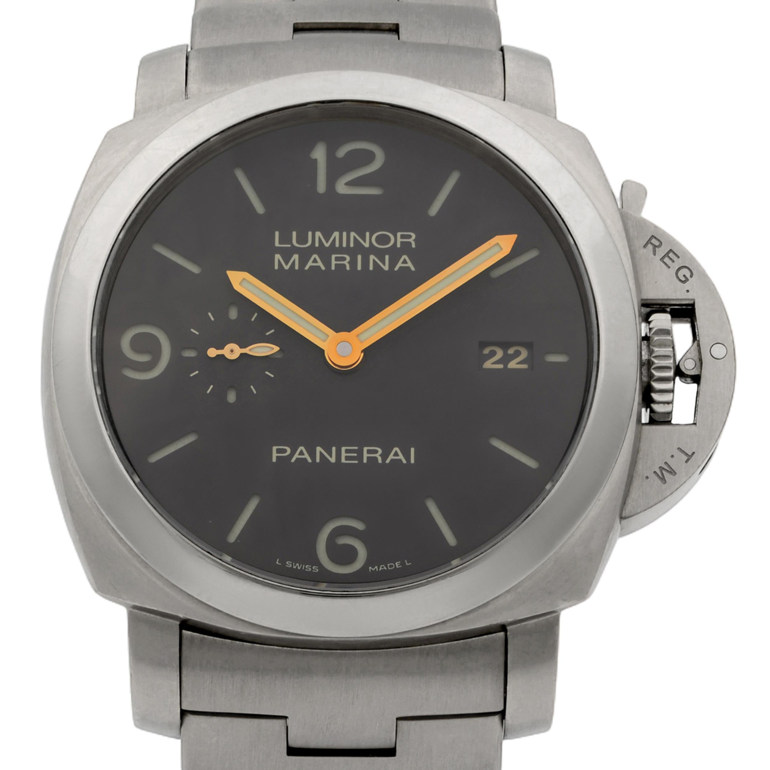 This pre-owned Panerai Luminor Marina PAM00352 is a beautiful men's timepiece that is powered by mechanical (automatic) movement which is cased in a titanium case. It has a square shape face, date indicator, small seconds subdial dial and has hand
