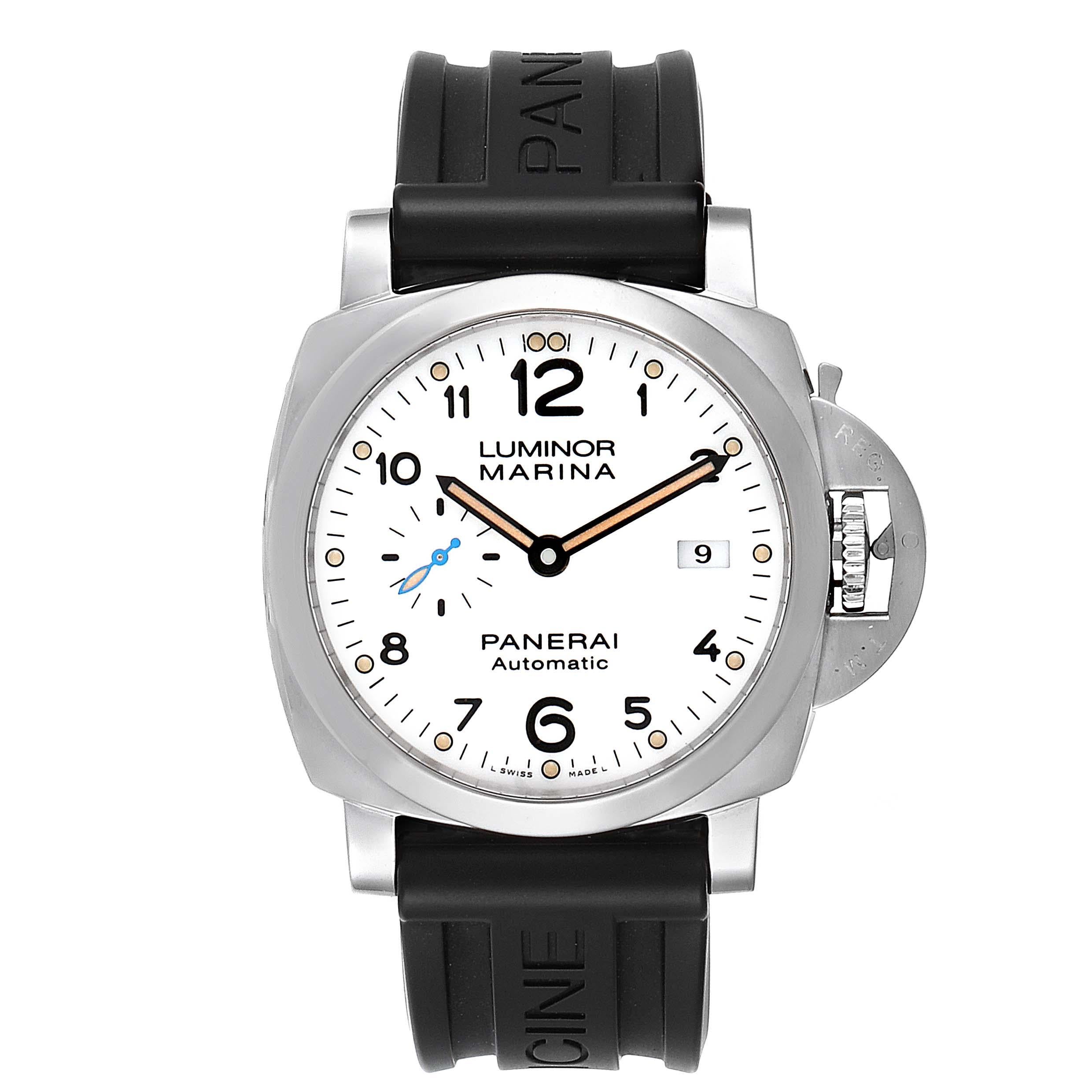 Panerai Luminor Marina 1950 White Dial Automatic Watch PAM01499 Box Papers. Automatic self-winding-winding movement. Two part cushion shaped stainless steel case 44.0 mm in diameter. Panerai patented crown protector. Transparrent exhibition case