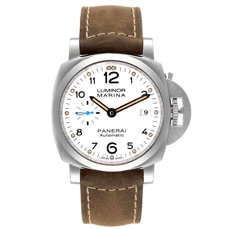 Panerai Luminor Marina 1950 Weißes Zifferblatt Stahl Herrenuhr PAM01523 Box Card. Automatisches Uhrwerk mit Automatikaufzug. Zweiteiliges, kissenförmiges Edelstahlgehäuse mit einem Durchmesser von 42.0 mm. Patentierter Kronenschutz von Panerai.
