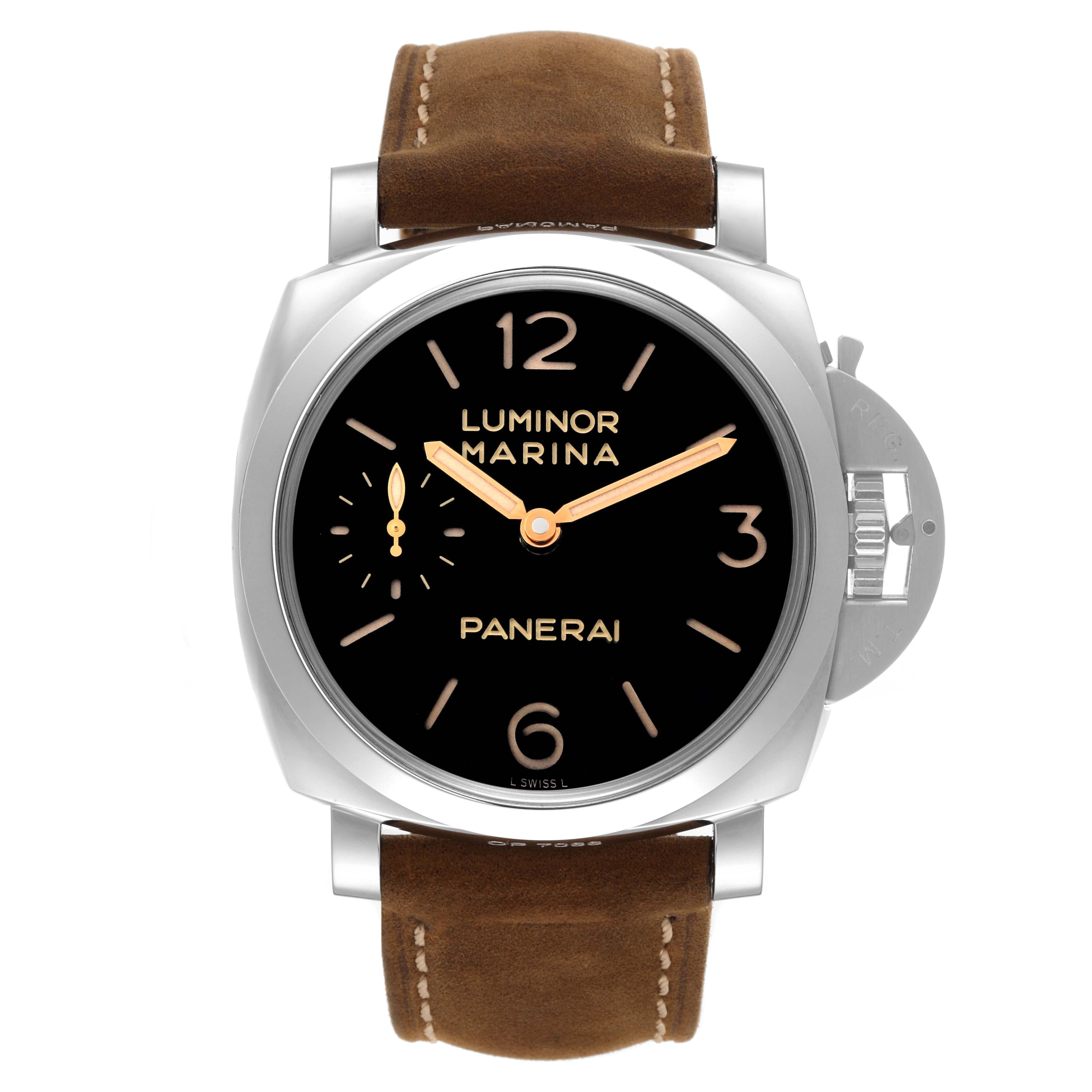 Panerai Luminor Marina 3 Days Power Reserve Steel Mens Watch PAM00422 Box Papers. Manual winding movement with 3 day power reserve indicator. Stainless steel cushion shaped case 47 mm in diameter. Panerai patented crown protector. Transparent