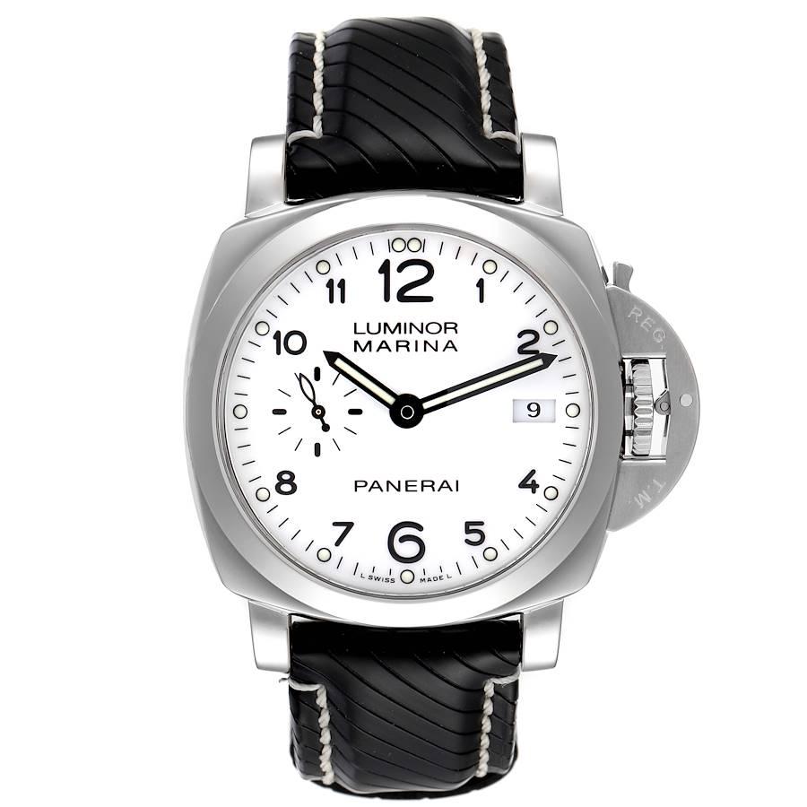 Panerai Luminor Marina 42mm White Dial Mens Watch PAM00523 Box Papers. Automatic self-winding movement. Two part cushion shaped stainless steel case 42 mm in diameter.  Panerai patented crown protector. Polished stainless steel sloped bezel. Scratch