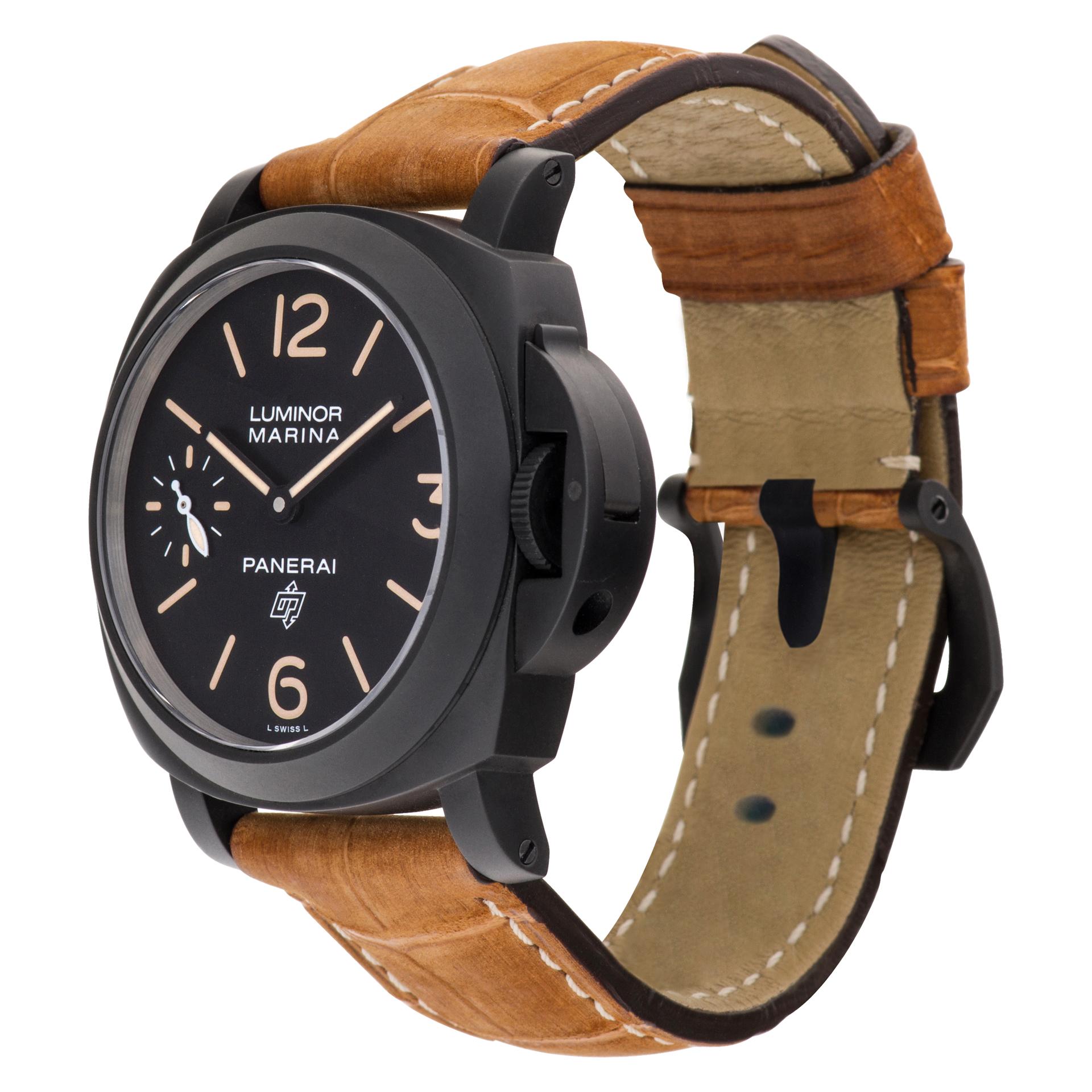 Homage to watch magazine Revolution's 10th Anniversary, Panerai Luminor Marina 8-Day in black DLC-coated steel on new factory original Panerai tan alligator strap with Panerai tang buckle. Manual w/ subseconds. 44 mm case size. Ref PAM00599. Circa