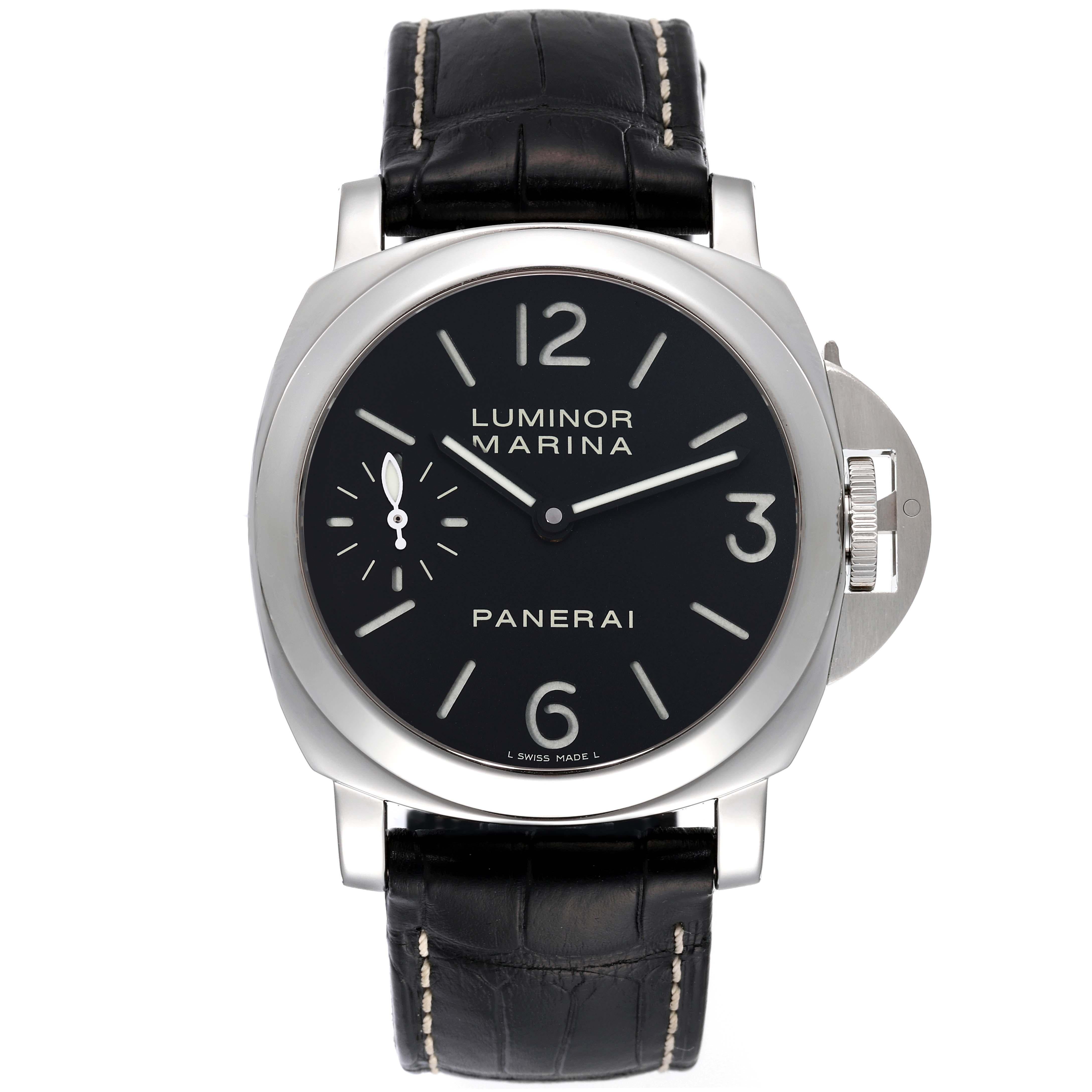 Panerai Luminor Marina 44mm Black Dial Steel Mens Watch PAM00111. Manual-winding movement. Two part cushion shaped polished stainless steel case 44.0 mm in diameter. Panerai patented crown protector. Transparrent case back. Polished stainless steel