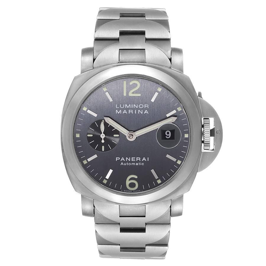 Panerai Luminor Marina 44mm Steel Titanium Mens Watch PAM00091 Box Papers. Automatic self-winding movement. Two part cushion shaped titanium case 44 mm in diameter. Case thickness 16.0mm. Panerai patented crown protector. Titanium sloped bezel.