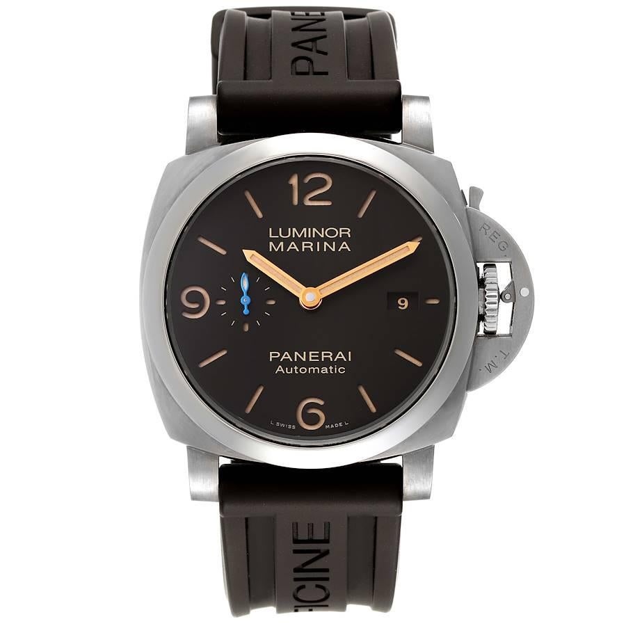 Panerai Luminor Marina 44mm Titanium Mens Watch PAM01351 Box Papers. Automatic self-winding movement. Titanium cushion shaped case 44 mm in diameter. Panerai patented crown protector. Stainless steel sloped bezel. Scratch resistant sapphire crystal.