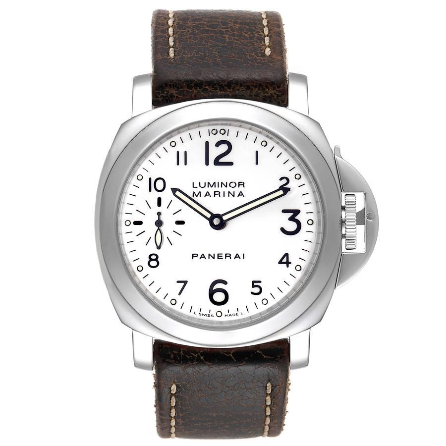 Panerai Luminor Marina 44mm weißes Zifferblatt Herrenuhr PAM00113 Box Papiere. Uhrwerk mit Handaufzug. Zweiteiliges, kissenförmiges Edelstahlgehäuse mit einem Durchmesser von 44 mm.  Patentierter Kronenschutz von Panerai. Abgeschrägte Lünette aus