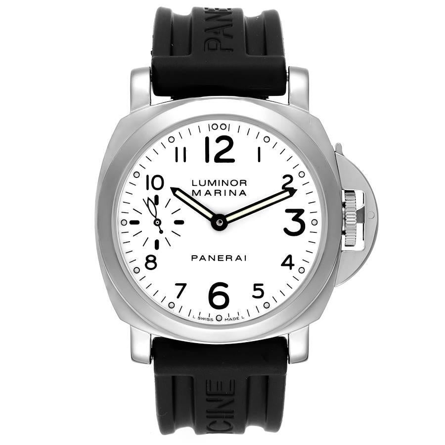 Panerai Luminor Marina 44mm White Dial Mens Watch PAM00113 Box Papers. Manual-winding movement. Two part stainless steel cushion case 44 mm in diameter. Panerai patented crown protector. Polished stainless steel sloped bezel. Scratch resistant