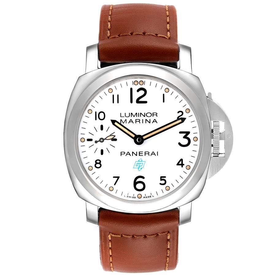 Panerai Luminor Marina 44mm White Dial Steel Mens Watch PAM00660 Box Card. Manual-winding movement. Two part cushion shaped stainless steel case 44 mm in diameter.  Panerai patented crown protector. Polished stainless steel sloped bezel. Scratch