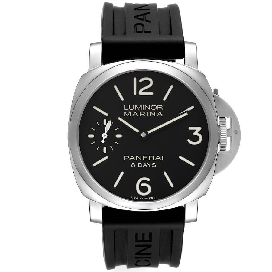 Panerai Luminor Marina 8 Days 44mm Mens Watch PAM00510 Box Card. Manual winding movement. Stainless steel cushion shaped case 44.0 mm in diameter. Panerai patented crown protector. Exhibition sapphire crystal case back. Stainless steel sloped bezel.