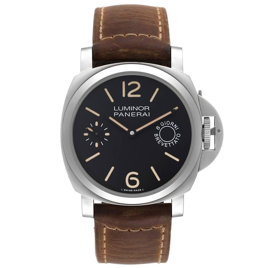 Panerai Luminor Marina 8 Days LE Steel Mens Watch PAM00590 Box Papers. Automatic self-winding movement. Two part cushion shaped stainless steel case 44.0 mm in diameter. Panerai patented crown protector. Polished stainless steel sloped bezel.