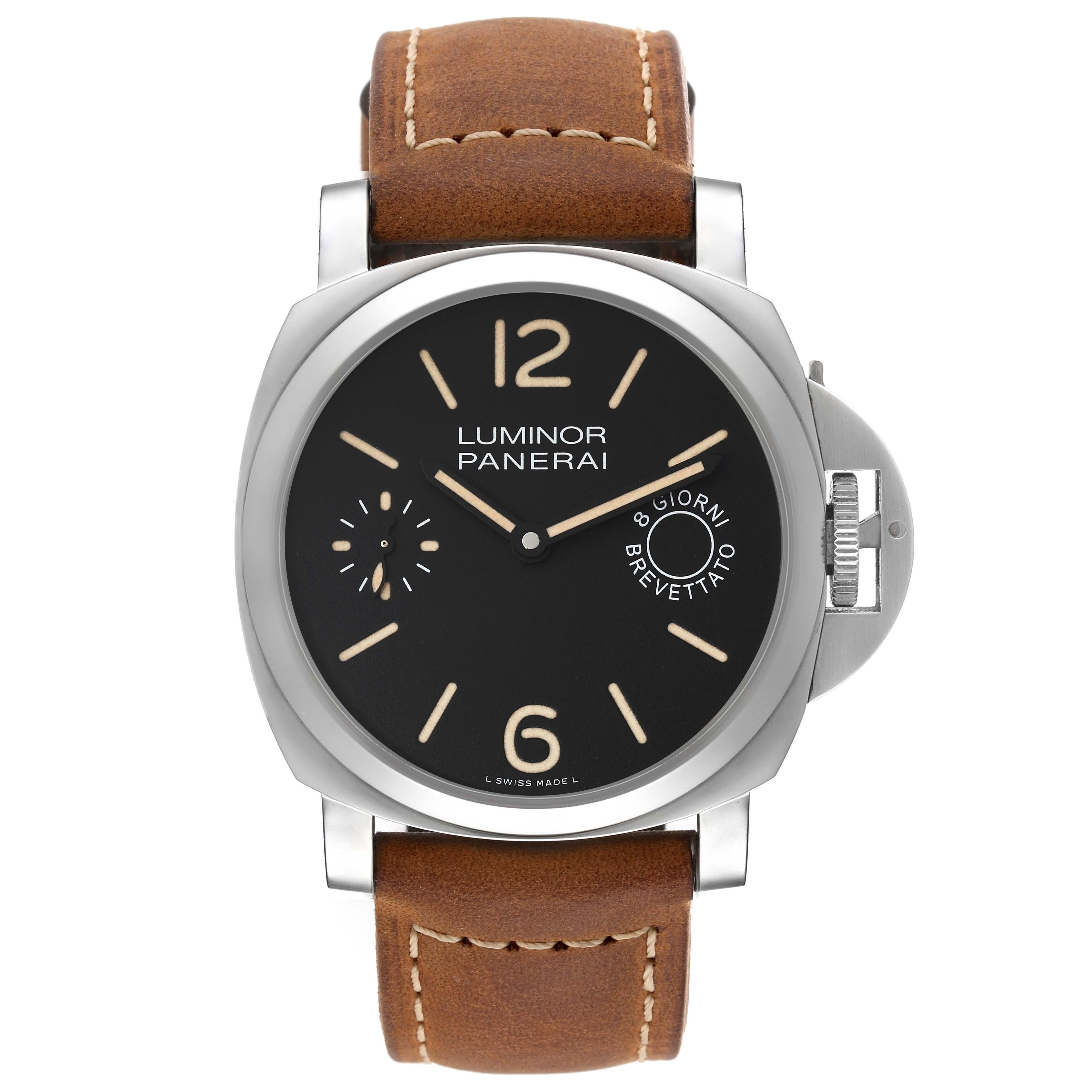 Panerai Luminor Marina 8 Days Limited Edition Steel Mens Watch PAM00590 Box Card. Automatic self-winding movement. Two part cushion shaped stainless steel case 44.0 mm in diameter. Panerai patented crown protector. Polished stainless steel sloped
