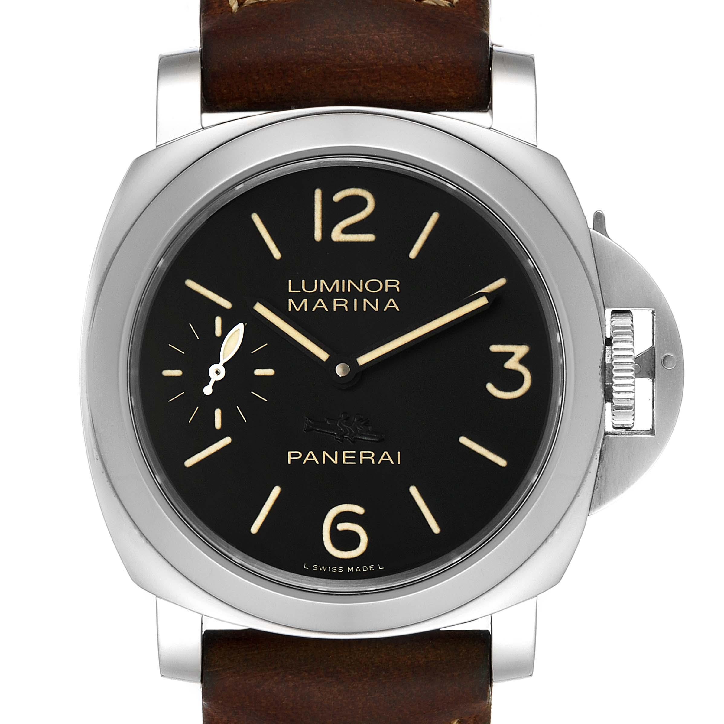 Panerai Luminor Marina Acciaio 44mm Steel Mens Watch PAM00415. Manual-winding movement with glucydur balance, 21,600 alternations per hour and incabloc anti-shock device. Two part cushion shaped polished stainless steel case 44.0 mm in diameter.
