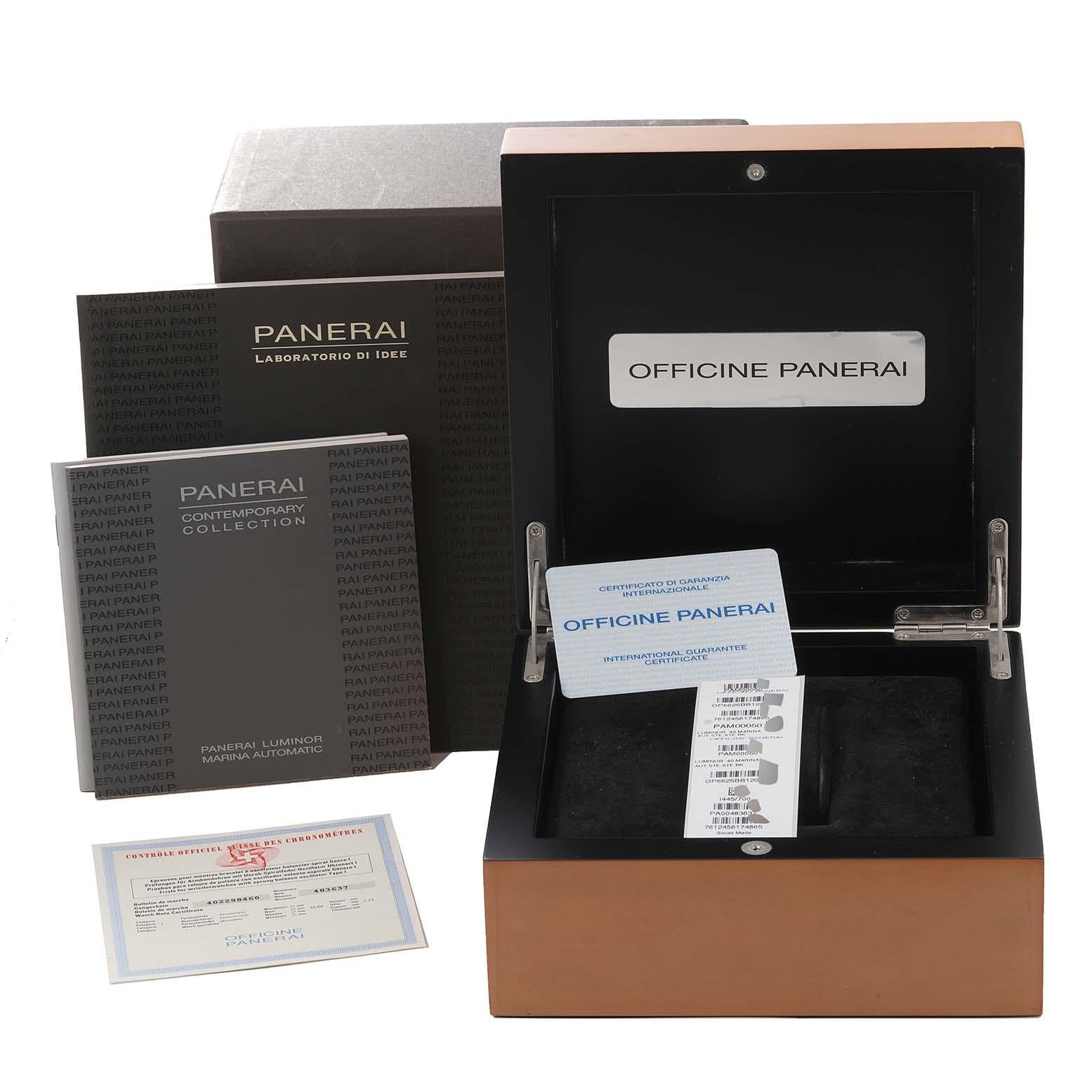 Panerai Luminor Marina Automatic 40mm Steel Mens Watch PAM00050 Box Card For Sale 5