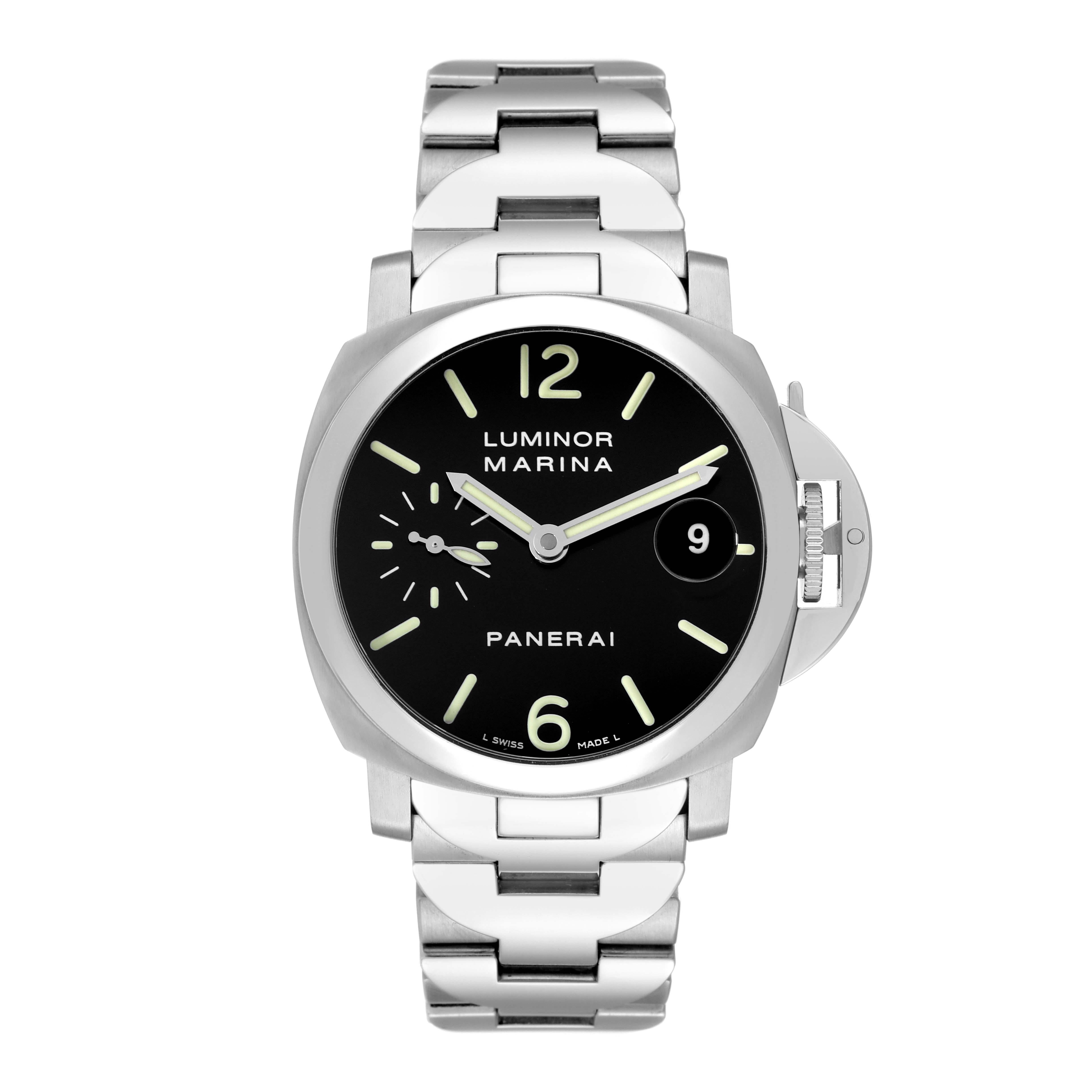 Panerai Luminor Marina Automatic 40mm Steel Mens Watch PAM00050 Box Card. Automatic self-winding movement. Two part cushion shaped stainless steel case 40 mm in diameter. Case thickness 15.4mm.  Panerai patented crown protector. Polished stainless