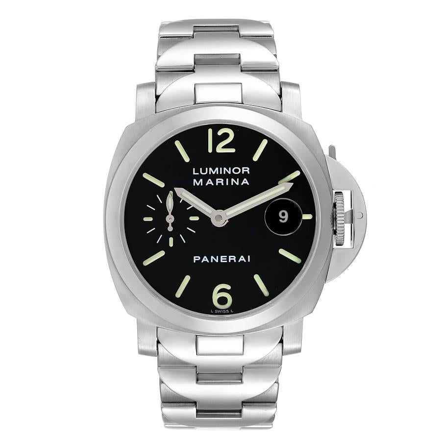 Panerai Luminor Marina Automatic 40mm Steel Mens Watch PAM00050 Box Papers. Automatic self-winding movement. Two part cushion shaped stainless steel case 40 mm in diameter. Case thickness 15.4mm. Panerai patented crown protector. Polished stainless