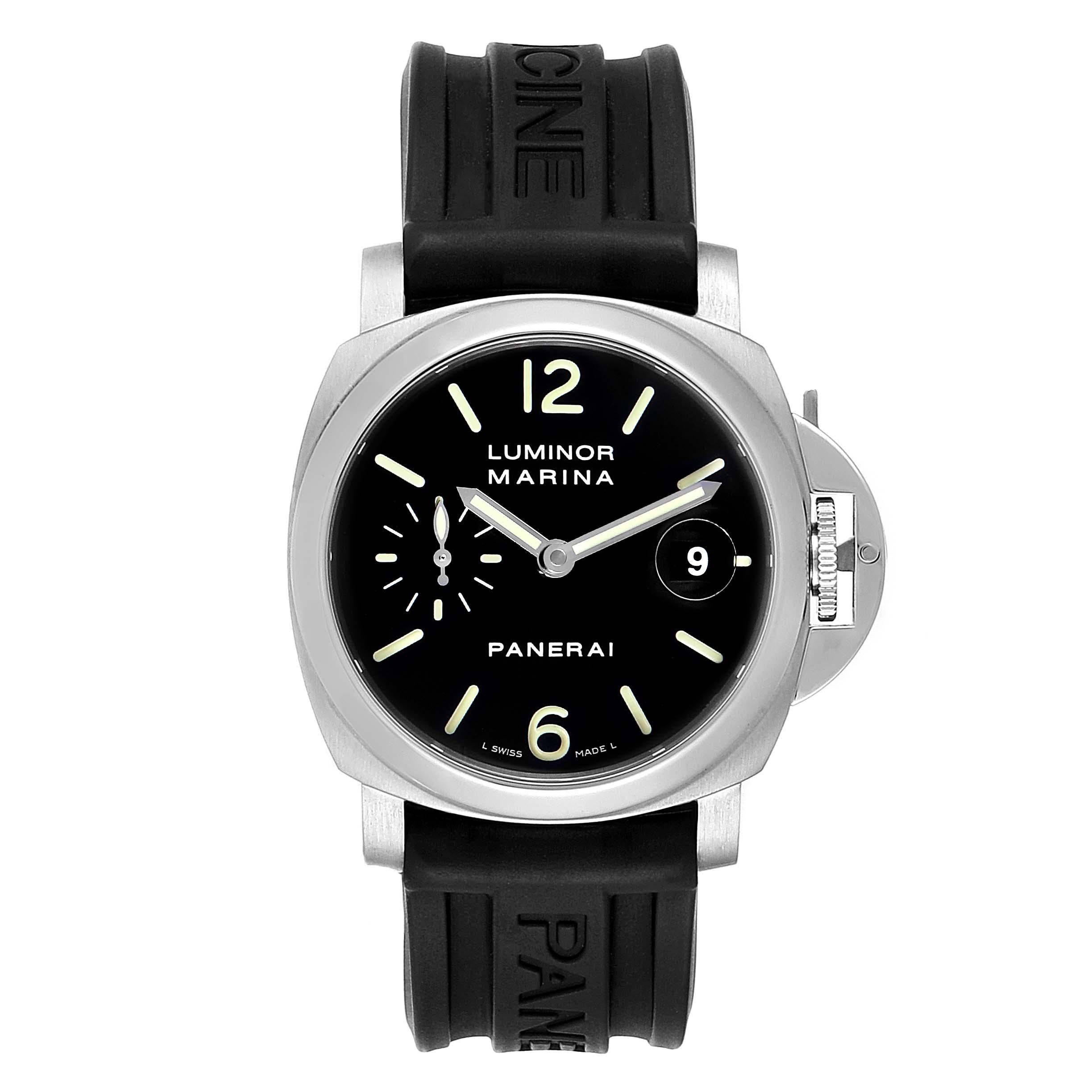 Panerai Luminor Marina Automatic 40mm Watch PAM048 PAM00048. Automatic self-winding movement. Two part cushion shaped stainless steel case 40.0 mm in diameter. Polished Panerai patented crown protector. Polished stainless steel sloped bezel. Scratch