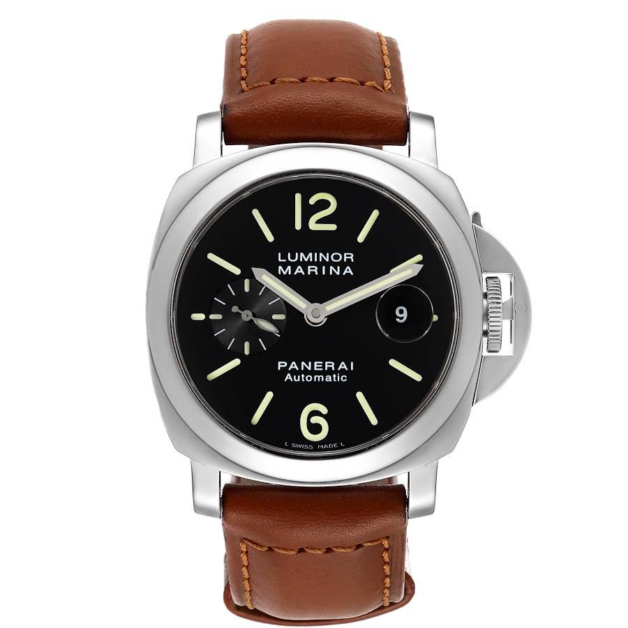 Panerai Luminor Marina Automatic 44mm Steel Mens Watch PAM00104 Box Card. Automatic self-winding movement. Two part cushion shaped stainless steel case 44 mm in diameter. Case thickness 15.5mm.  Panerai patented crown protector. Polished stainless