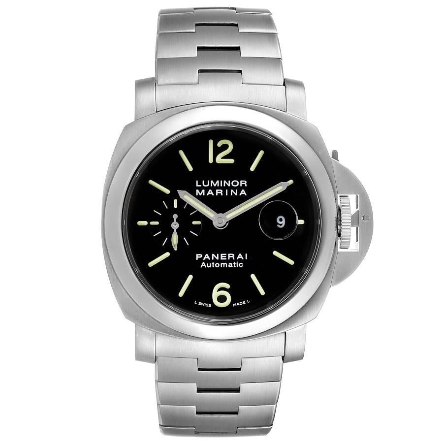 Panerai Luminor Marina Automatic 44mm Steel Mens Watch PAM00299 Box Card. Automatic self-winding movement. Two part cushion shaped stainless steel case 44 mm in diameter. Case thickness 15.5mm. Panerai patented crown protector. Polished stainless