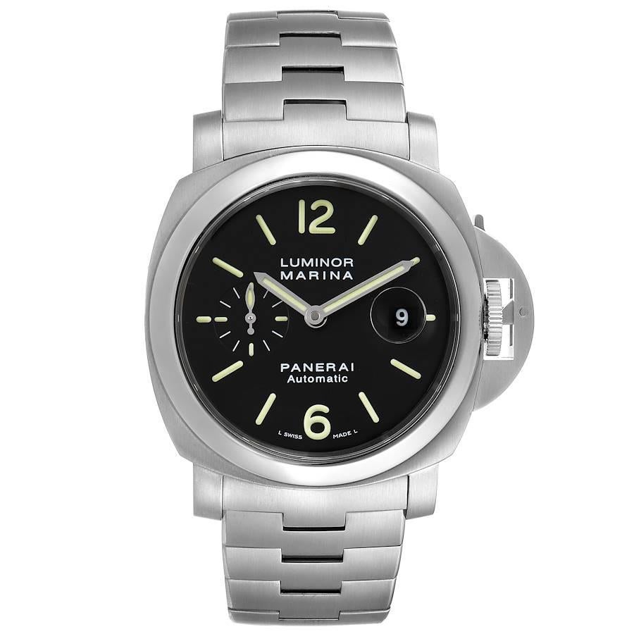 Panerai Luminor Marina Automatic 44mm Steel Mens Watch PAM00299 Box Papers. Automatic self-winding movement. Two part cushion shaped stainless steel case 44 mm in diameter. Case thickness 15.5mm.  Panerai patented crown protector. Polished stainless