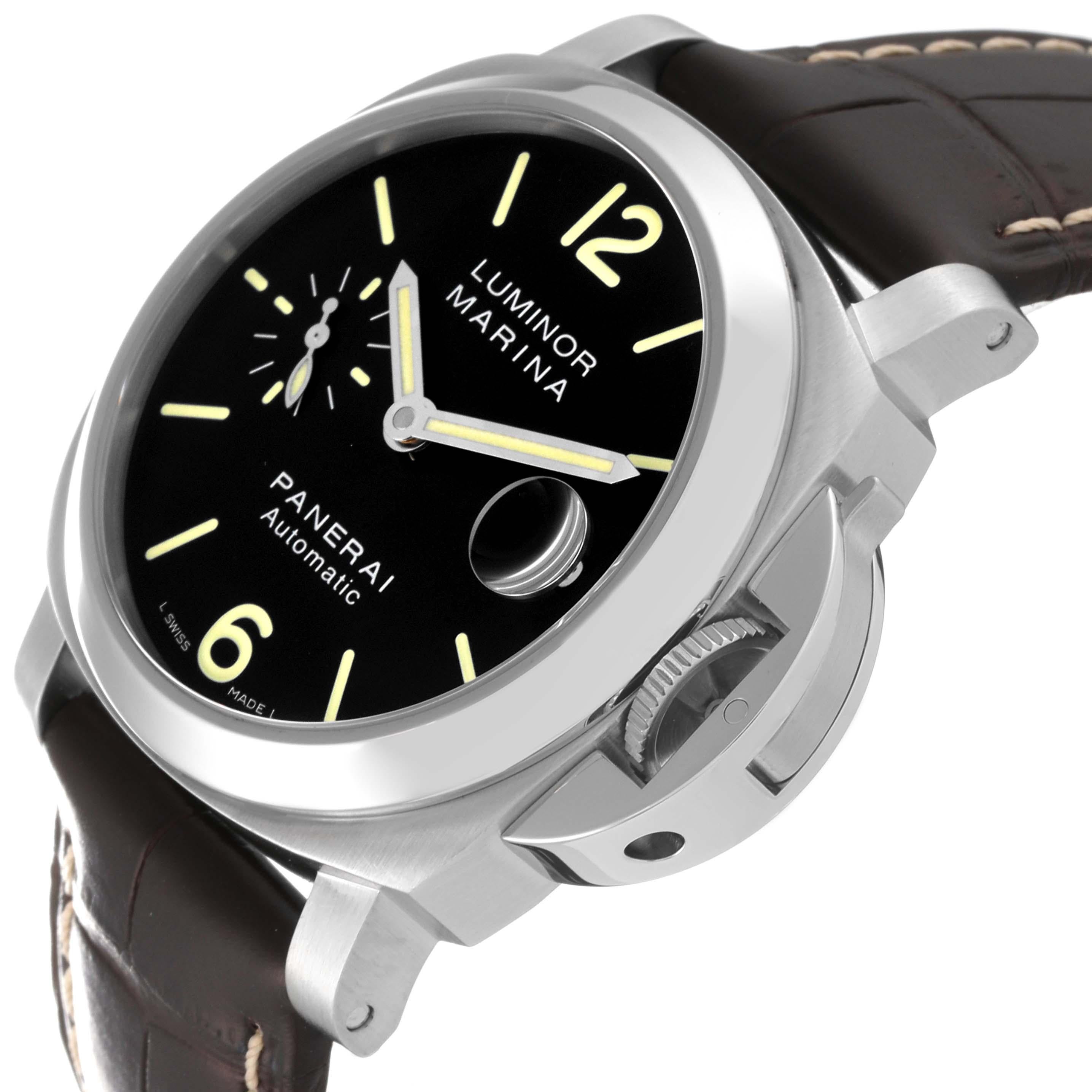 Panerai Luminor Marina Automatic Steel Mens Watch PAM00048 Papers. Automatic self-winding movement. Stainless steel cushion case 40.0 mm in diameter. Polished stainless steel Panerai patented crown protector. Polished stainless steel bezel. Scratch