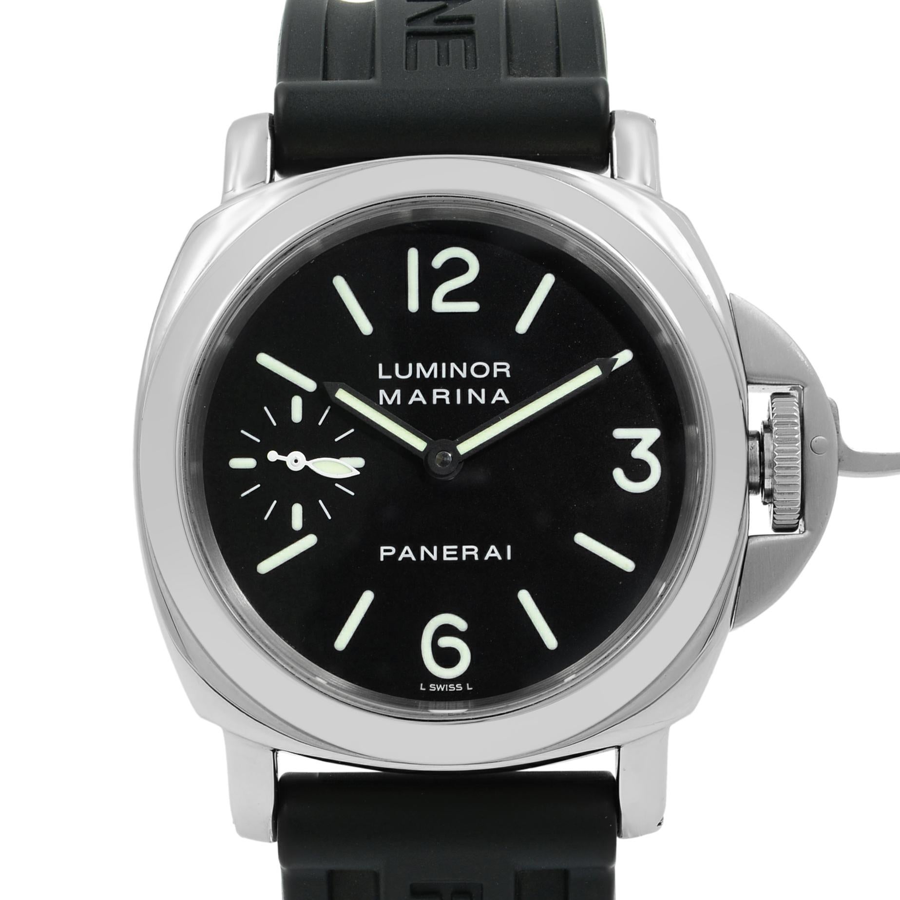 This pre-owned Panerai  PAM00111  is a beautiful men's timepiece that is powered by mechanical (hand-winding) movement which is cased in a stainless steel case. It has a round shape face, small seconds subdial dial and has hand arabic numerals style