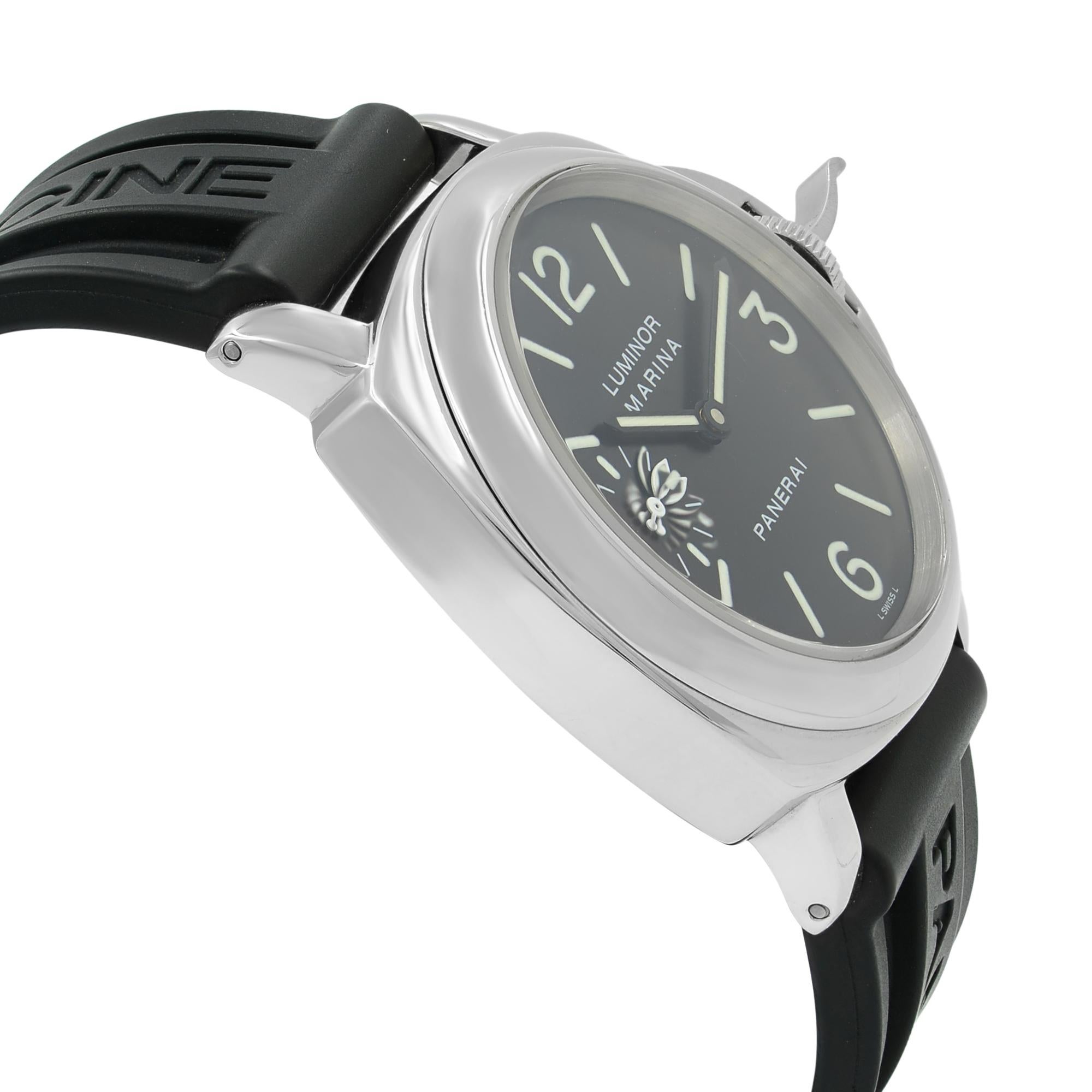 Panerai Luminor Marina Black Dial Steel Handwind Mens Luminescent Watch PAM00111 In Excellent Condition In New York, NY