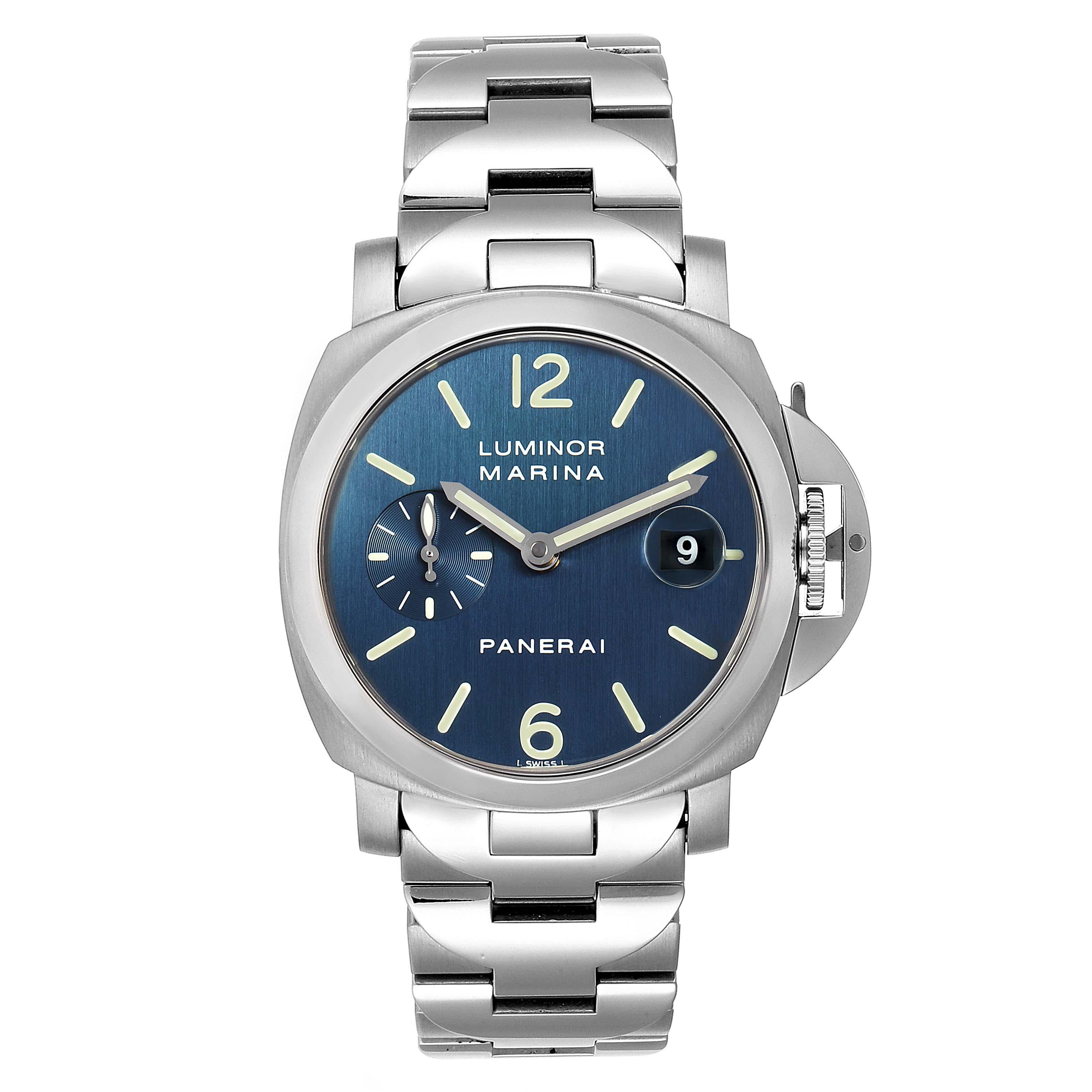 Panerai Luminor Marina Blue Dial Mens Watch PAM00120 Box Papers. Automatic self-winding movement. Two part cushion shaped stainless steel case 40.0 mm in diameter. Panerai patented crown protector. Polished stainless steel sloped bezel. Scratch
