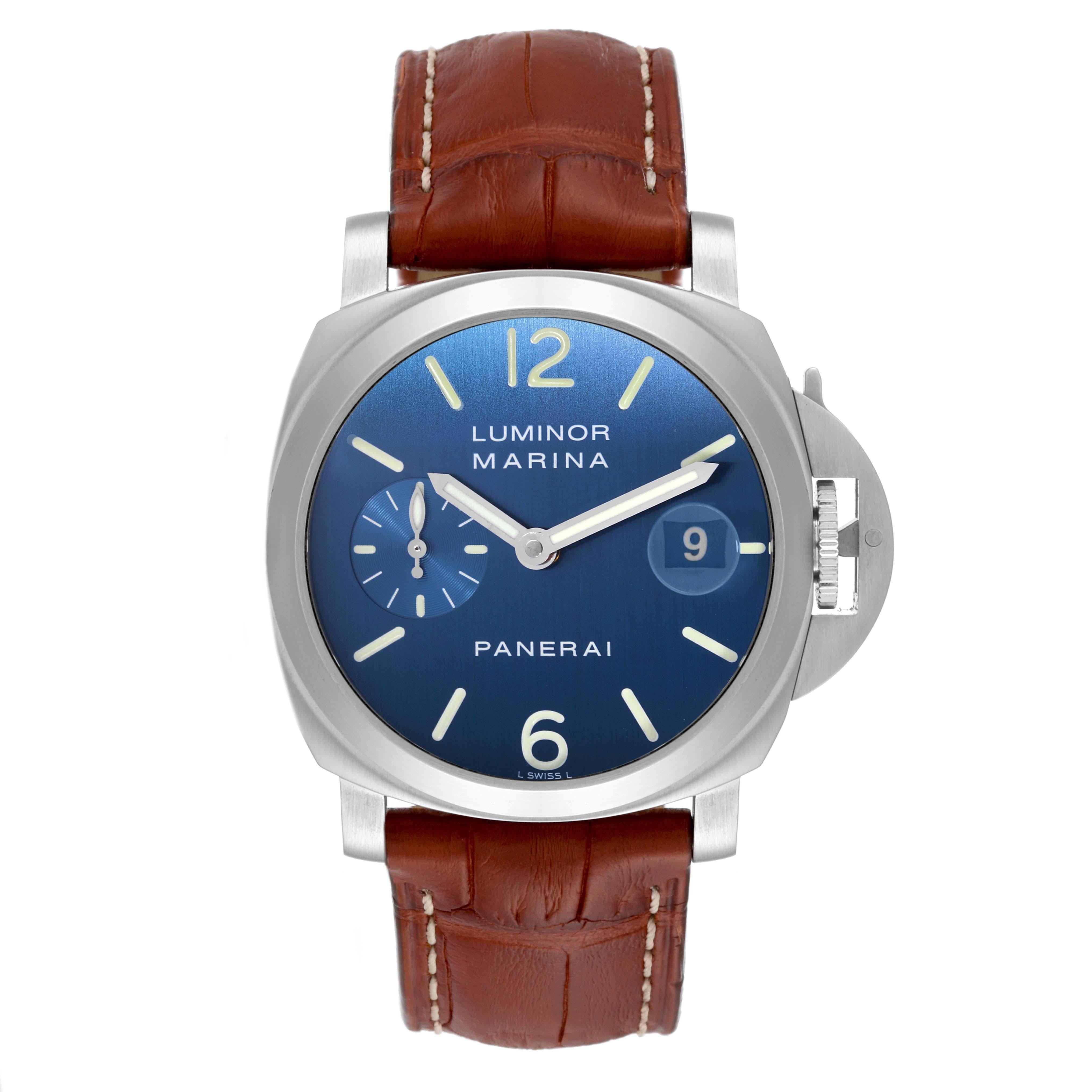 Panerai Luminor Marina Blue Dial Steel Mens Watch PAM00070. Automatic self-winding movement. Two part cushion shaped stainless steel case 40.0 mm in diameter. Panerai patented crown protector. Polished stainless steel sloped bezel. Scratch resistant