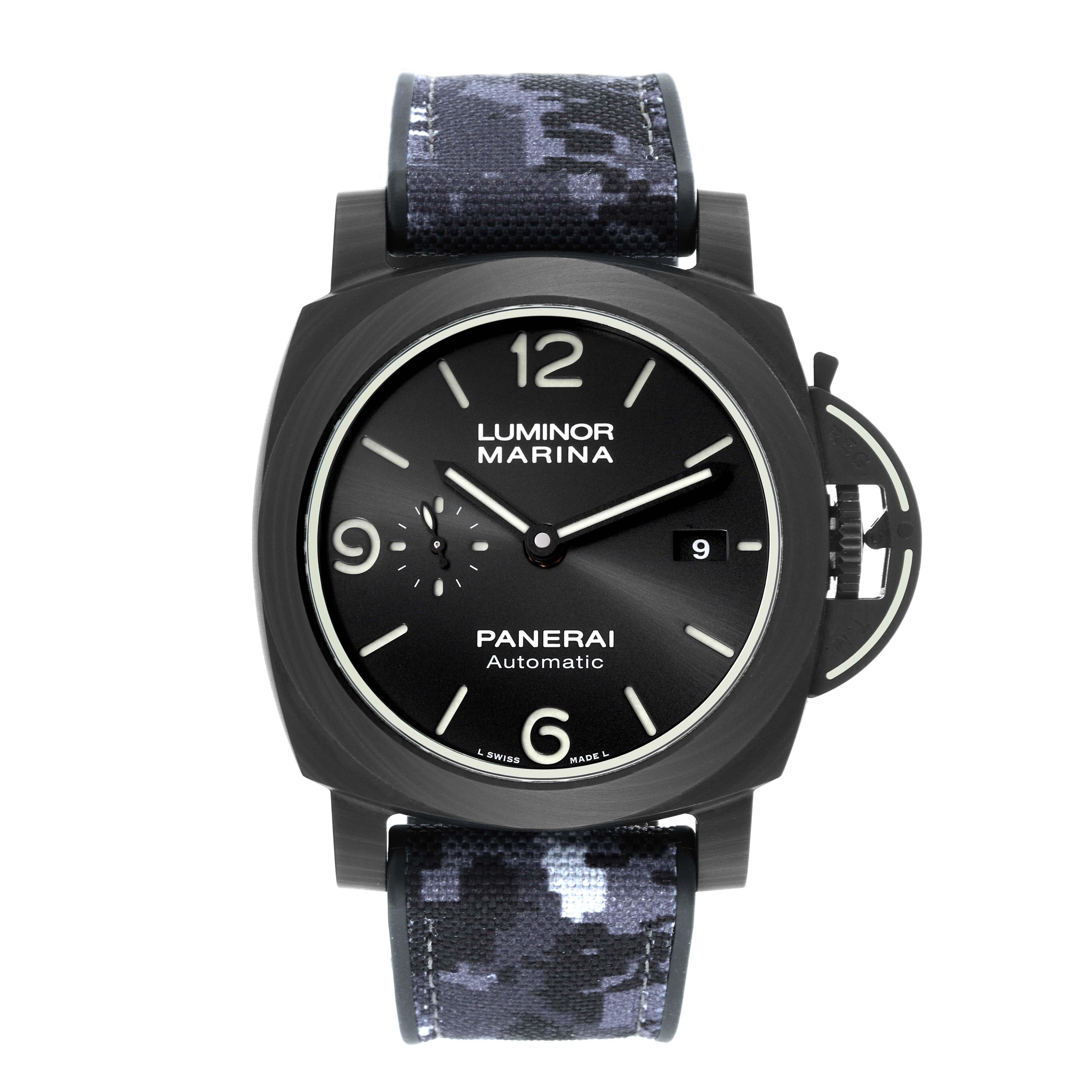 Panerai Luminor Marina Carbotech Titanium Mens Watch PAM01118 Box Card. Automatic self-winding movement. Two part cushion shaped titanium case 44.0 mm in diameter. Carbotech sloped bezel. Scratch resistant sapphire crystal. Black dial with luminous