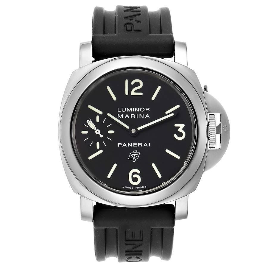 Panerai Luminor Marina Logo 44mm Watch PAM00005 Box Papers. Manual winding movement. Two part cushion shaped stainless steel case 44.0 mm in diameter. Panerai patented crown protector. Polished stainless steel sloped bezel. Scratch resistant