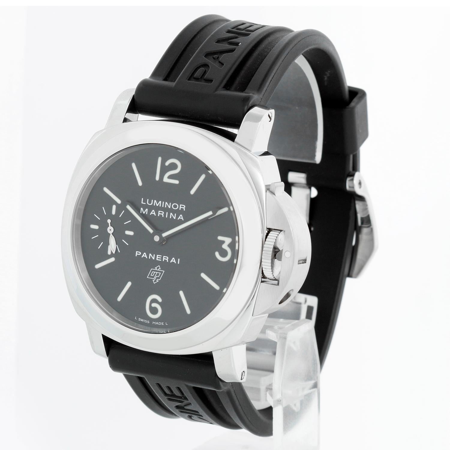 Panerai Luminor Marina Men's Stainless Steel Watch PAM 5  (PAM00005) - Manual winding. Stainless steel case (44mm diameter). Black Logo dial with luminous style Arabic numerals and stick markers; subseconds at 9 o'clock. Panerai Strap band with