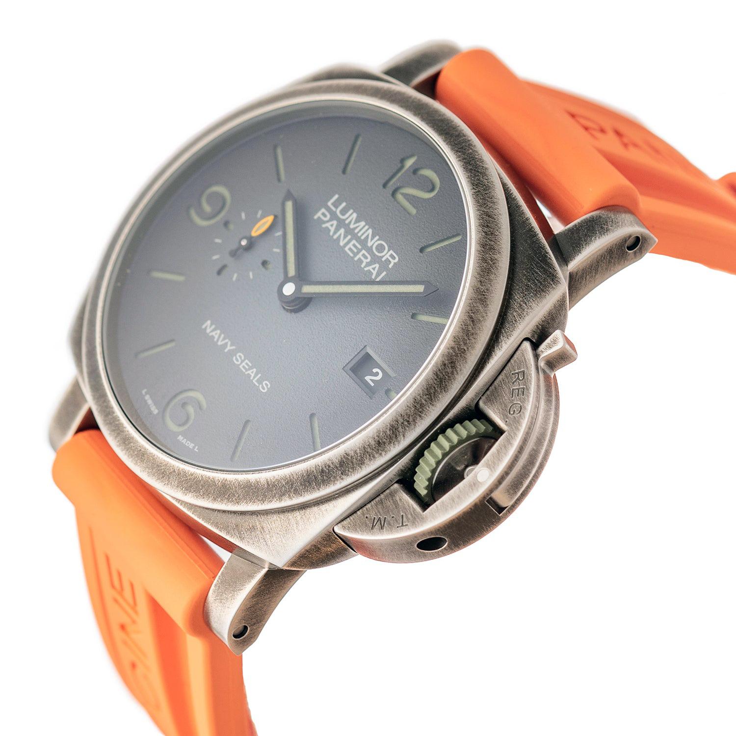 Pre-owned Panerai Luminor Marina Navy SEALs (ref. PAM01412), featuring the P.9010 caliber mechanical automatic movement with a 3-day power reserve when fully wound; anthracite gray dial; date aperture at 3 o'clock; small seconds subdial at 9