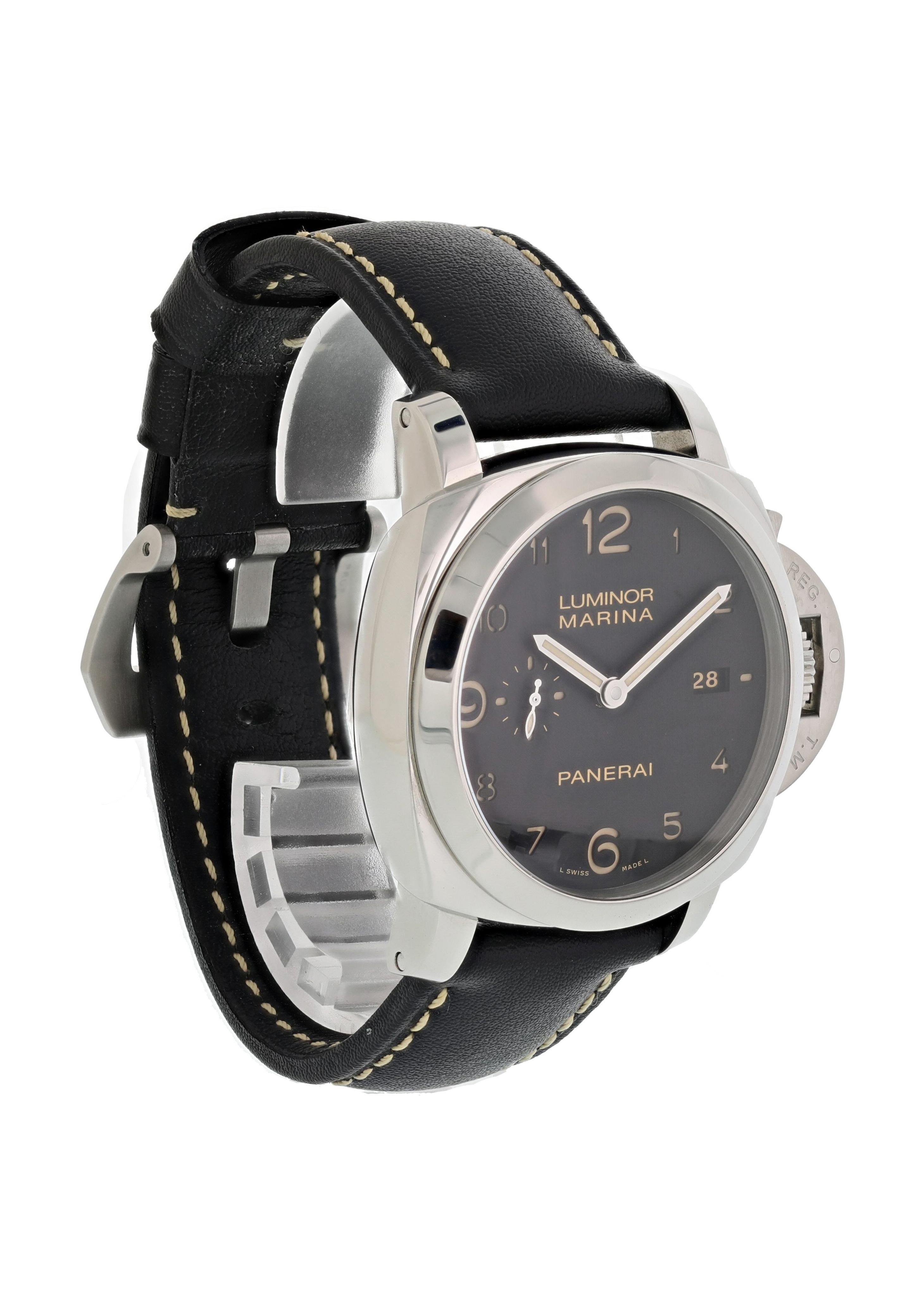 Panerai Luminor Marina 3 Day PAM00359 Mens Watch. 44mm stainless steel with smooth bezel. Black sandwich dial with date display and luminous hands and Arabic numeral hour markers. Black leather strap with a stainless steel buckle. Calibre P.9000