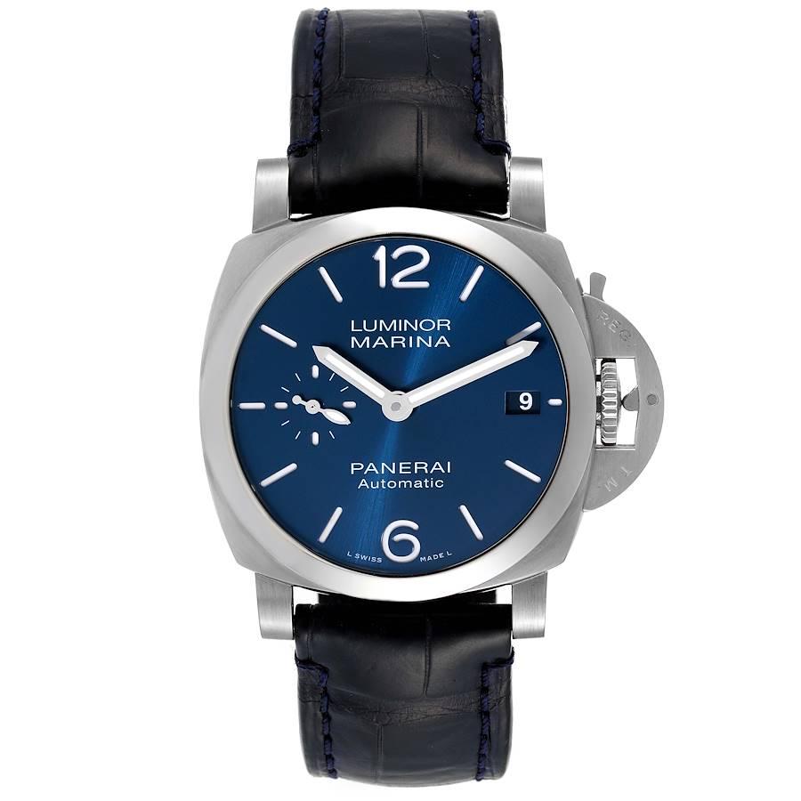 Panerai Luminor Marina Quaranta Blue Dial Steel Mens Watch PAM01270 Box Card. Automatic self-winding movement. Brushed stainless steel cushion case 40mm in diameter. Panerai patented crown protector. Polished stainless steel smooth bezel. Scratch