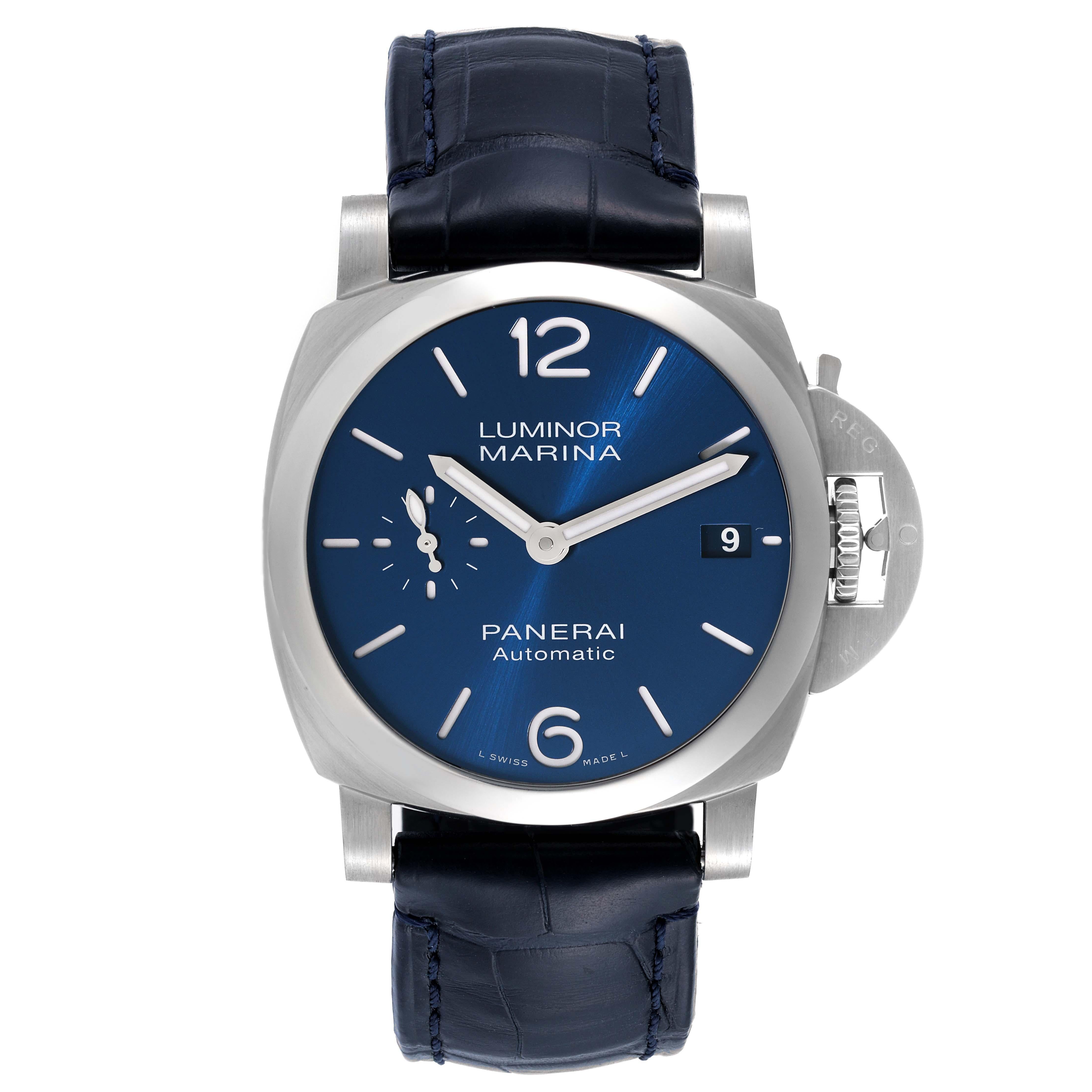 Panerai Luminor Marina Quaranta Blue Dial Steel Mens Watch PAM01370 Box Card. Automatic self-winding movement. Brushed stainless steel cushion case 40mm in diameter. Panerai patented crown protector. Polished stainless steel smooth bezel. Scratch