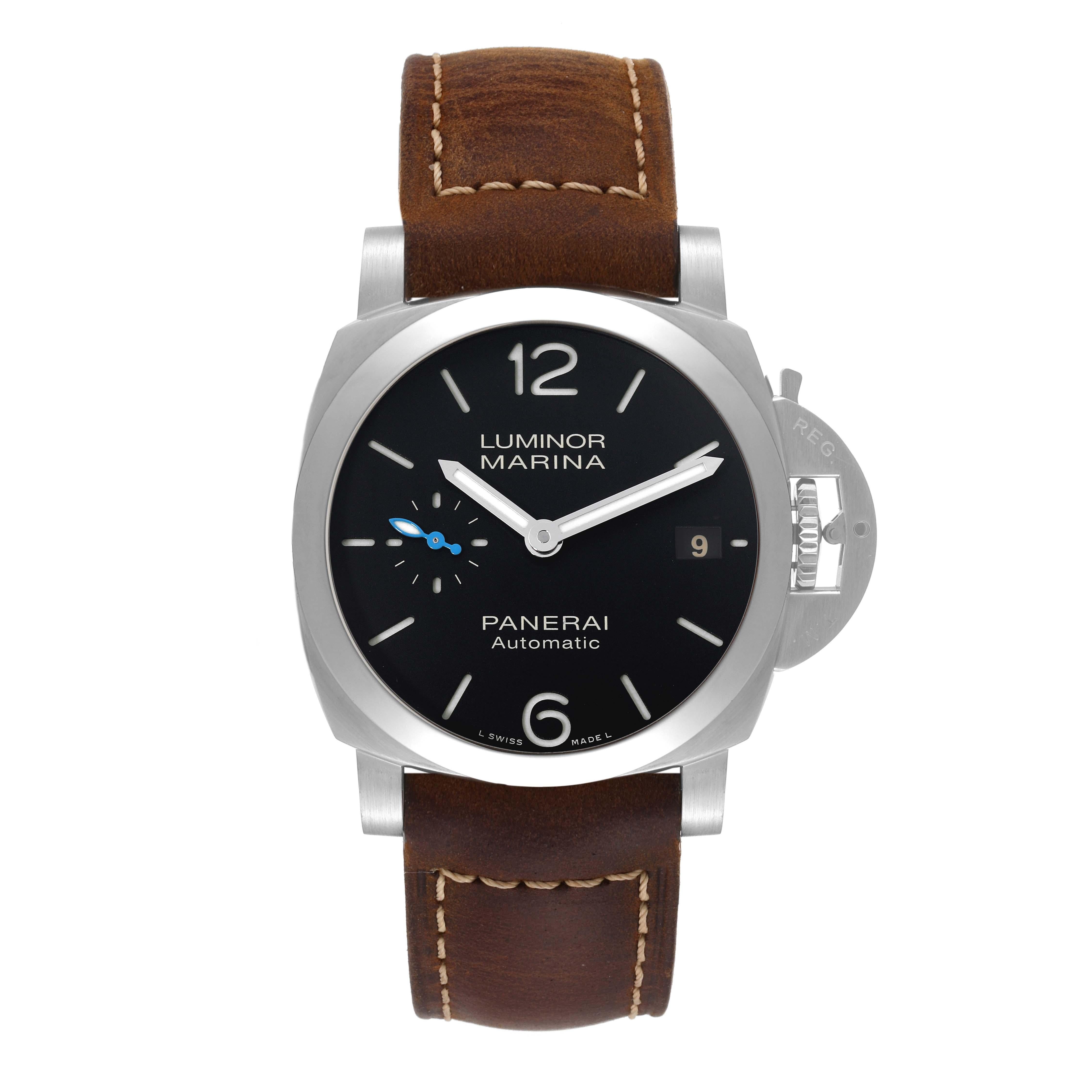 Panerai Luminor Marina Quaranta Steel Mens Watch PAM01272 Box Card. Automatic self-winding movement. Brushed stainless steel cushion case 40mm in diameter. Panerai patented crown protector. Polished stainless steel smooth bezel. Scratch resistant