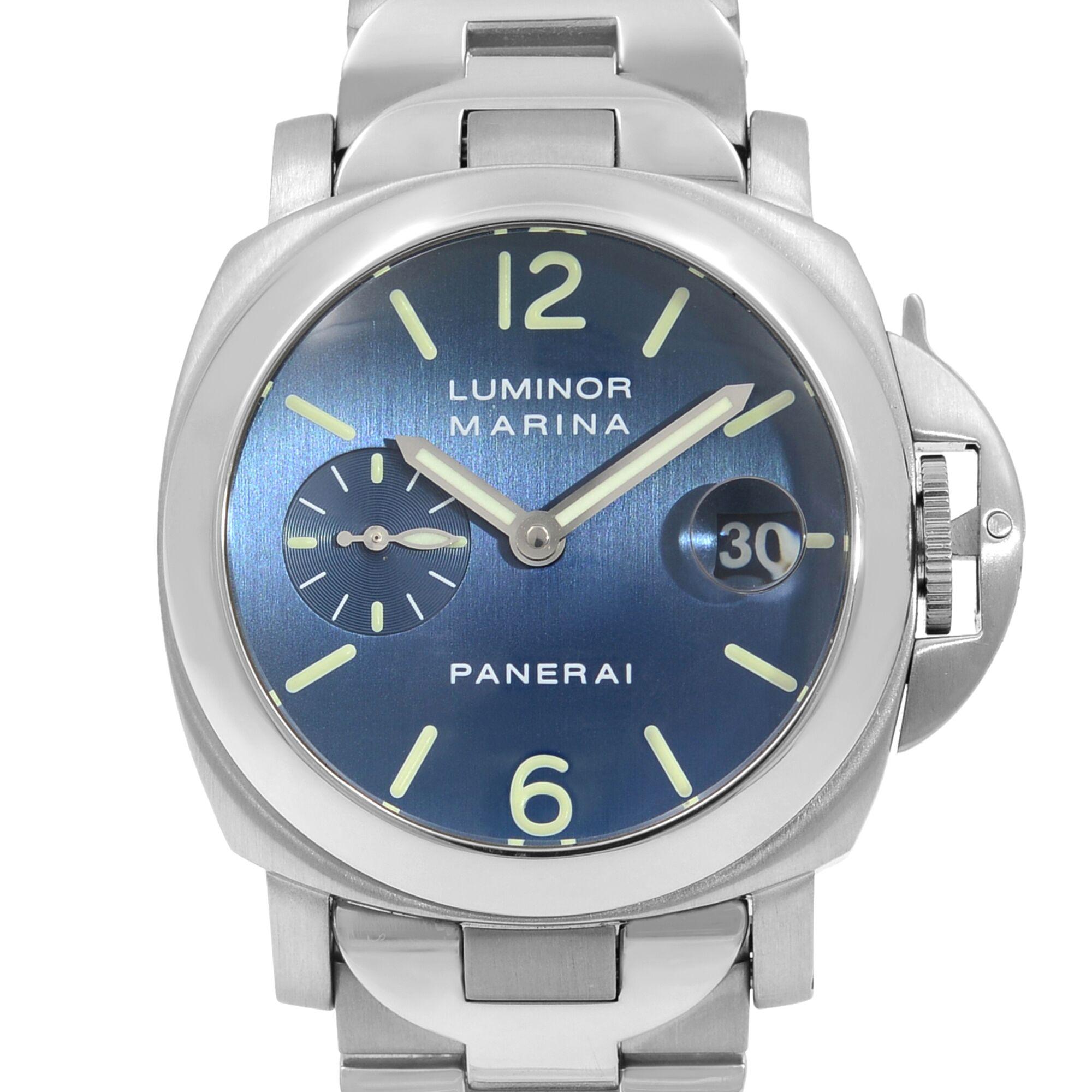This pre-owned Panerai Luminor  PAM00120 is a beautiful men's timepiece that is powered by mechanical (automatic) movement which is cased in a stainless steel case. It has a round shape face, date indicator, small seconds subdial dial and has hand