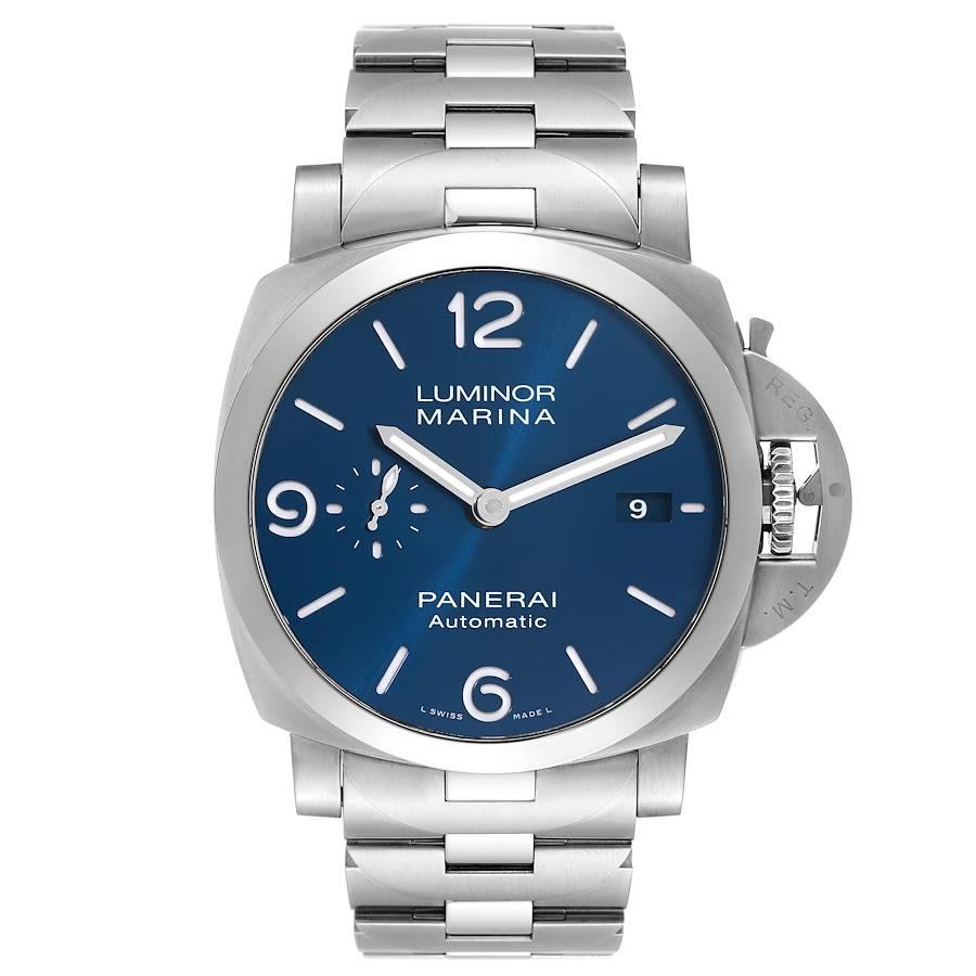 Panerai Luminor Marina Specchio Blu Steel Mens Watch PAM01316 Box Card. Automatic self-winding movement. Stainless steel cushion case 44.0 mm in diameter. Panerai patented crown protector. Stainless steel smooth bezel. Scratch resistant sapphire