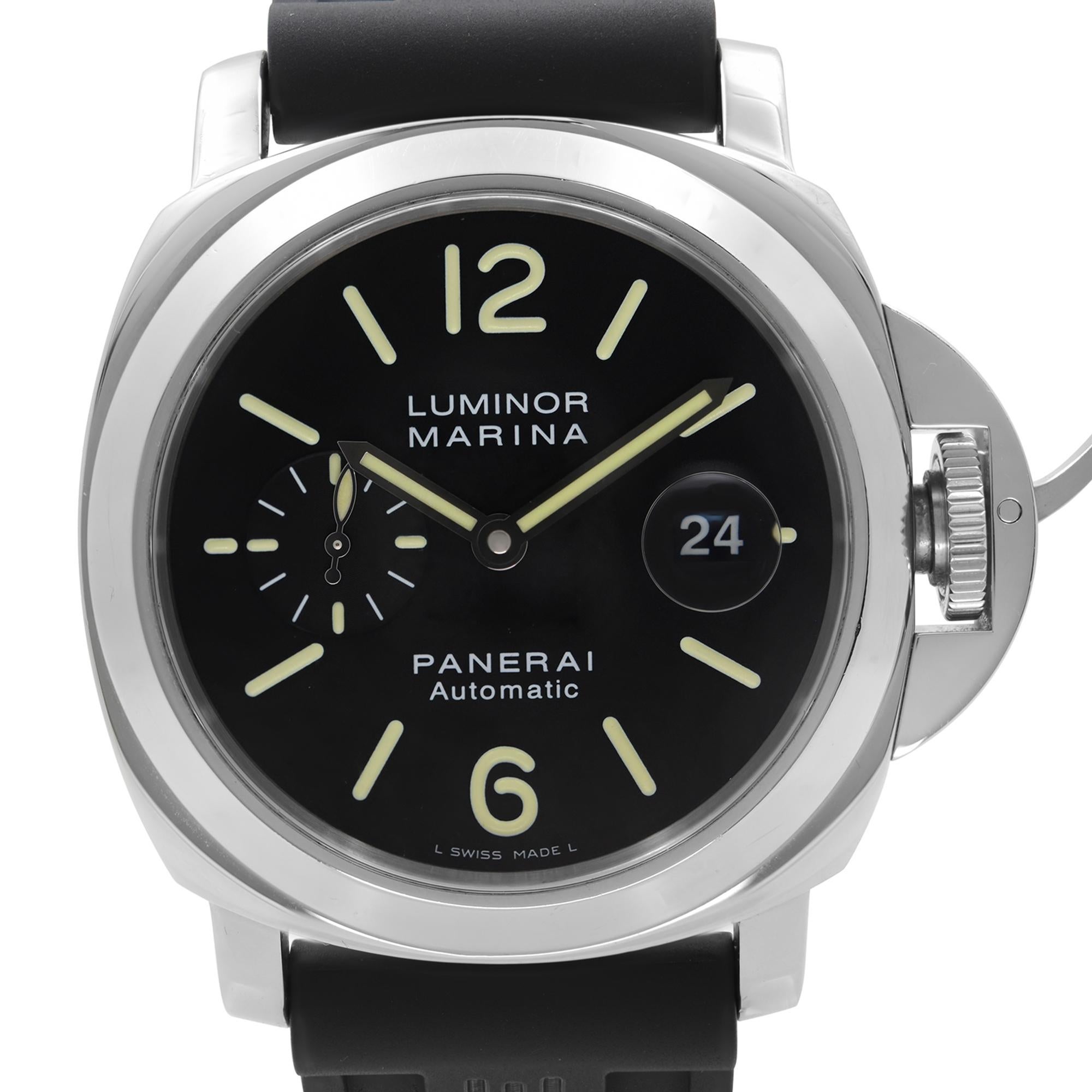 Pre-owned Panerai Luminor Marina Stainless Steel Automatic Black Dial Men's Watch PAM00104. This Watch was produced in 2005. This Beautiful Timepiece Features: Stainless Steel Case with a Black Rubber Strap, Fixed Stainless Steel Bezel, Black Dial