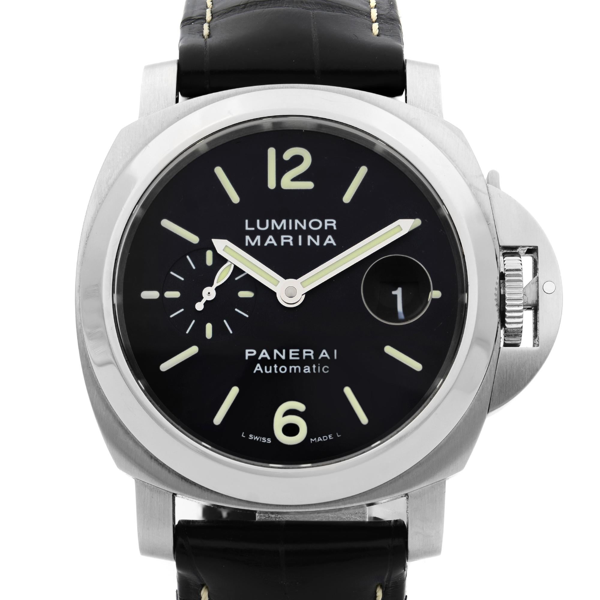 This pre-owned Panerai Luminor  PAM00048  is a beautiful men's timepiece that is powered by mechanical (automatic) movement which is cased in a stainless steel case. It has a round shape face, date indicator, small seconds subdial dial and has hand