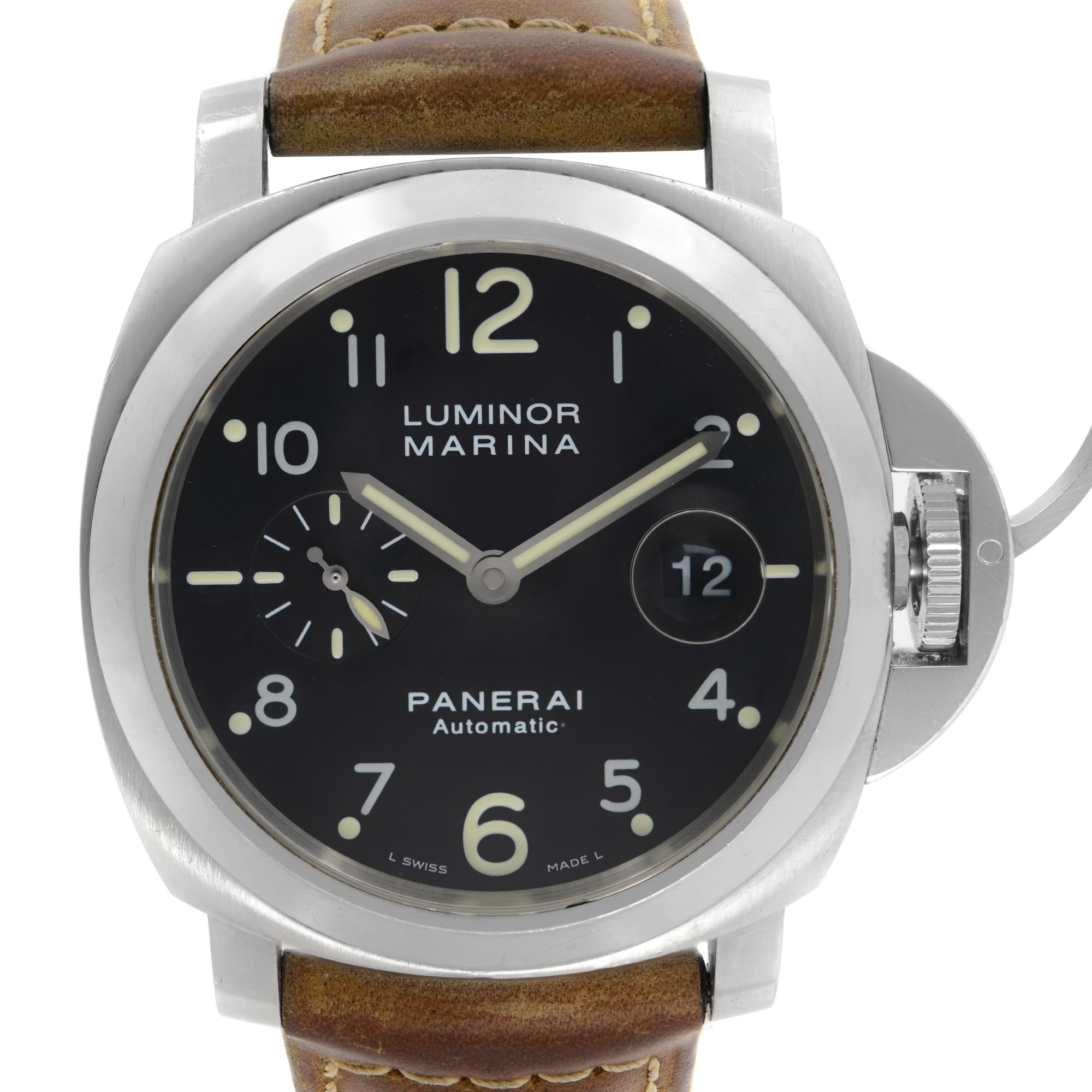 Pre-Owned Panerai Luminor Marina Steel 44 mm Black Dial Men's Automatic Watch PAM00164. This Beautiful Timepiece Features: Stainless Steel Case with a Two-Piece Brown Leather Strap. Fixed Polished Stainless Steel Bezel. Black Dial with Luminous