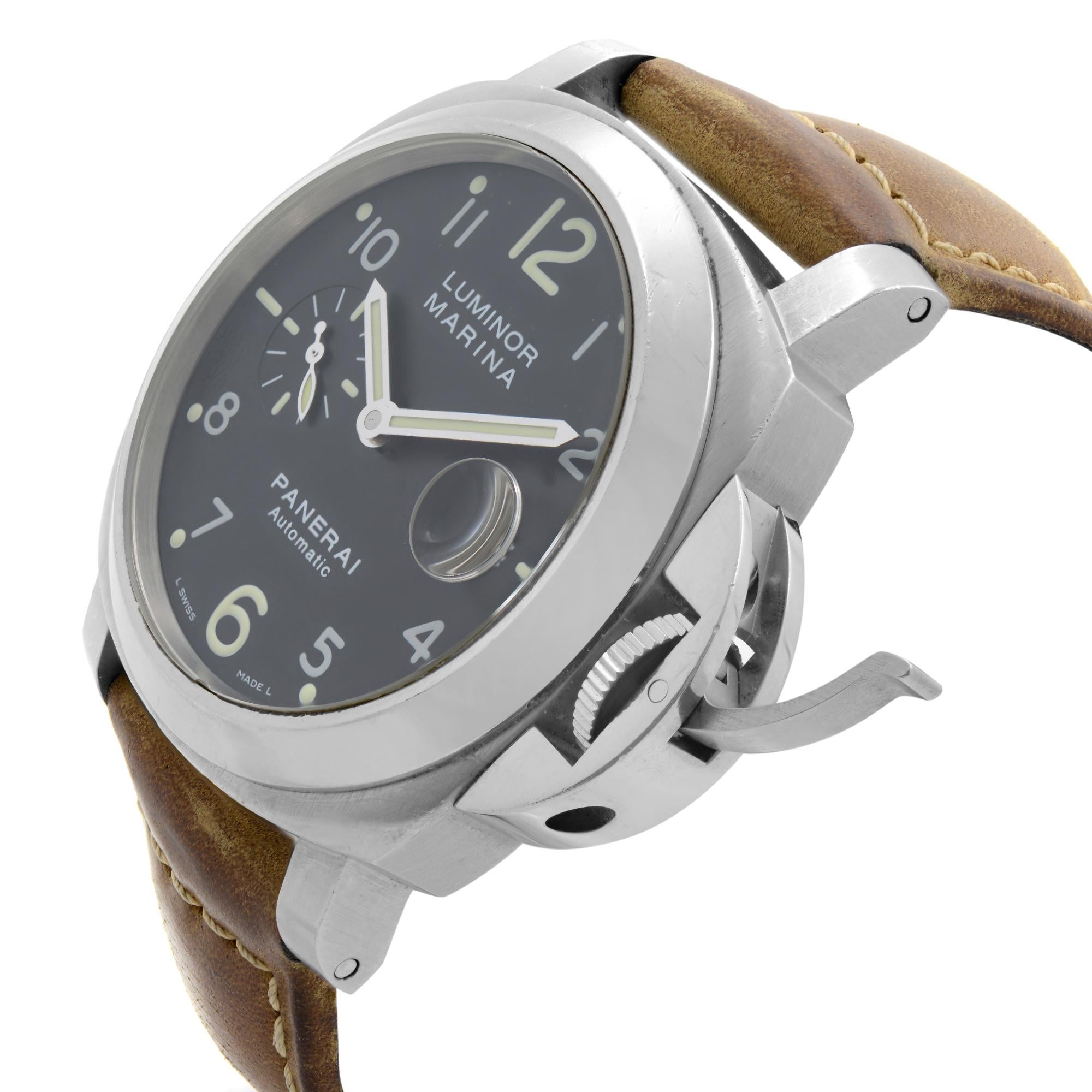 Panerai Luminor Marina Steel Black Dial Mens Automatic Watch PAM00164 In Good Condition In New York, NY