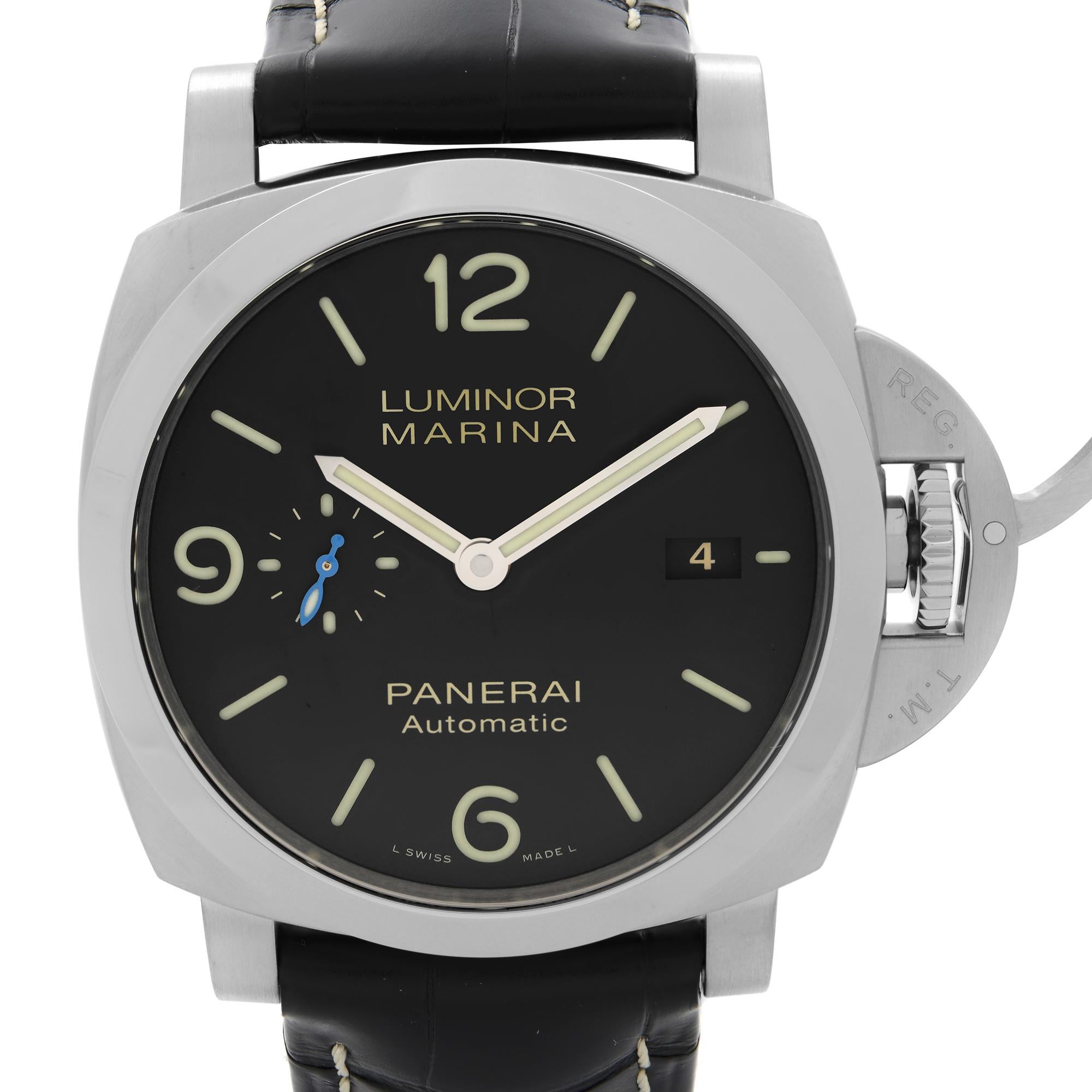 Never worn Panerai Luminor Marina Steel Black Dial Leather Strap Automatic Watch PAM01312. This Beautiful Timepiece is Powered by Mechanical (Automatic) Movement And Features: Stainless Steel Case with a Two-Piece Black Alligator Leather Strap.