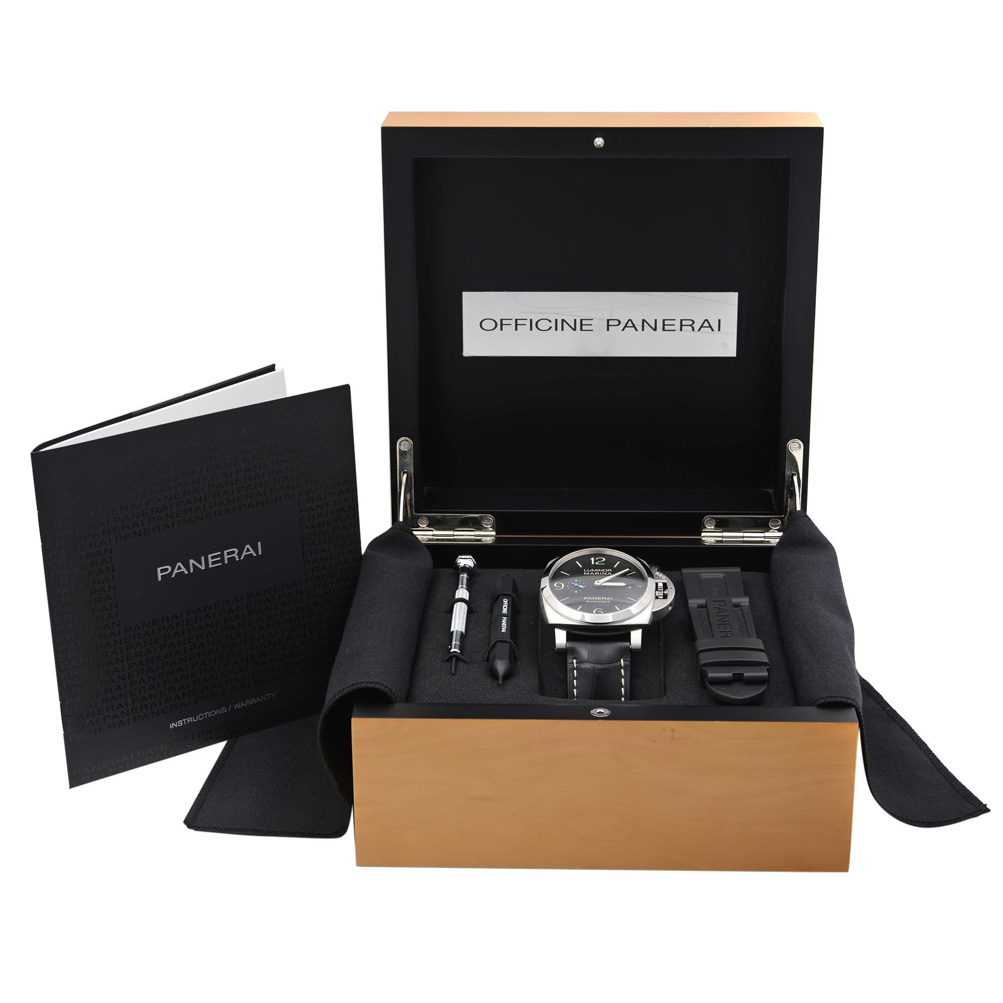 Montre automatique Panerai Luminor Marina en acier avec cadran noir et bracelet en cuir PAM01312 en vente 1