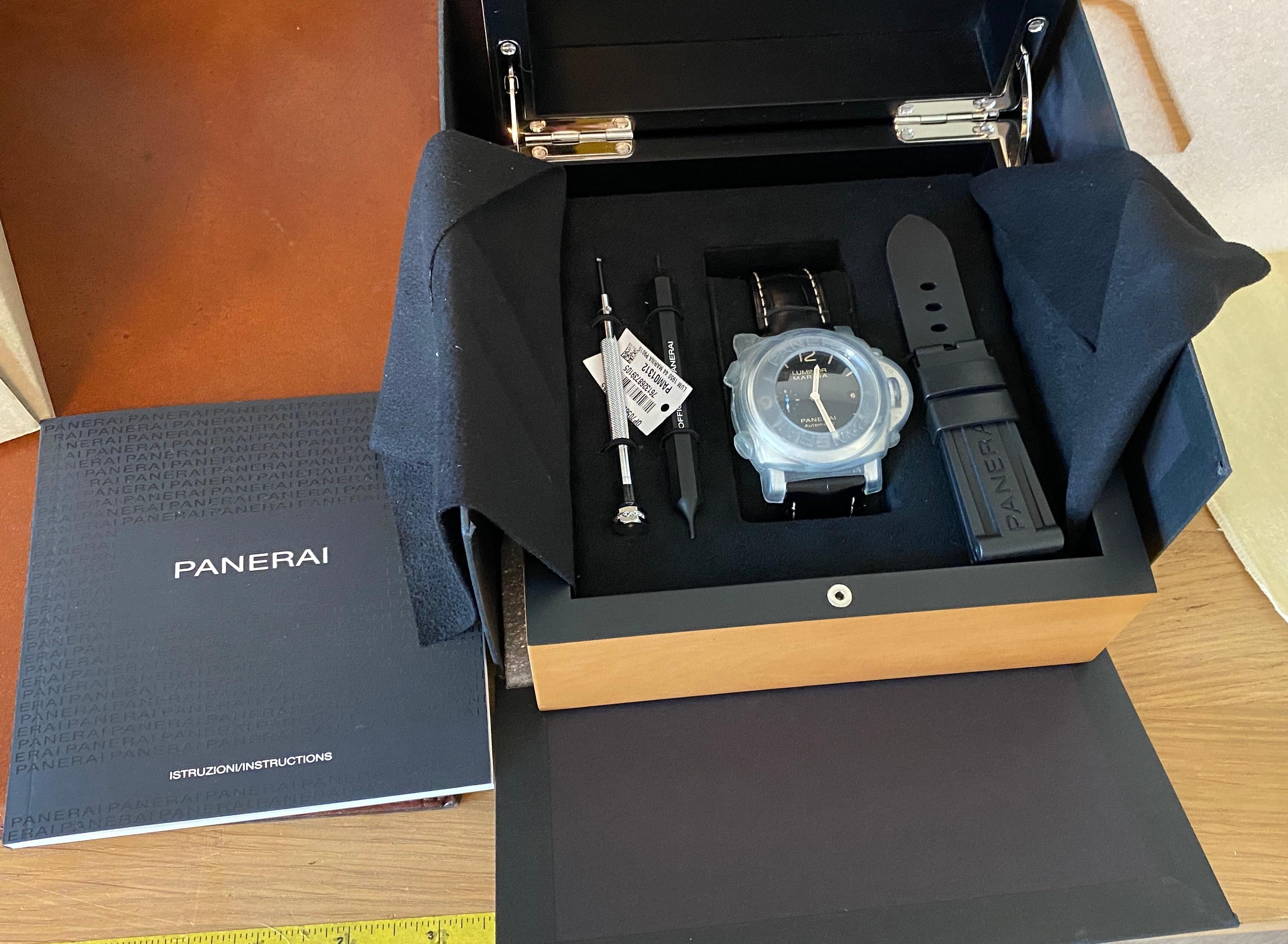 Panerai Luminor Marina Steel Black Dial Leather Strap Automatic Watch PAM01312 In New Condition In Bozeman, MT